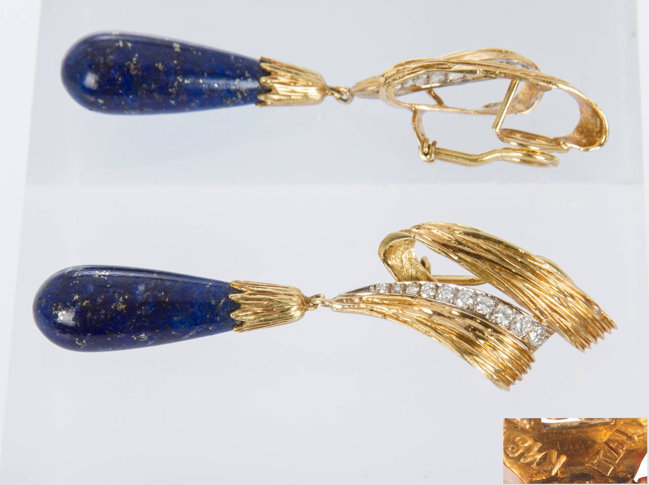 Women's Mid Century Lapis Diamond Gold Drop Earrings