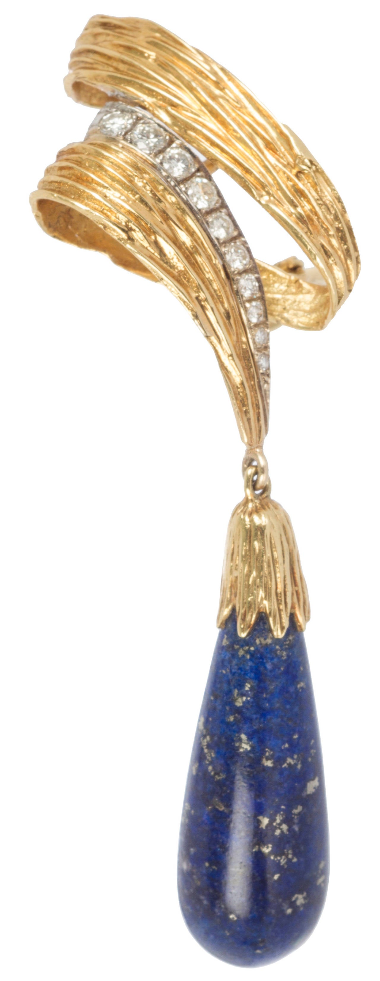 These chic earrings look great on.  The diamonds are clear and bright and the lapis is flecked with gold.  The backs are omega backed and can be made into pierced as well.