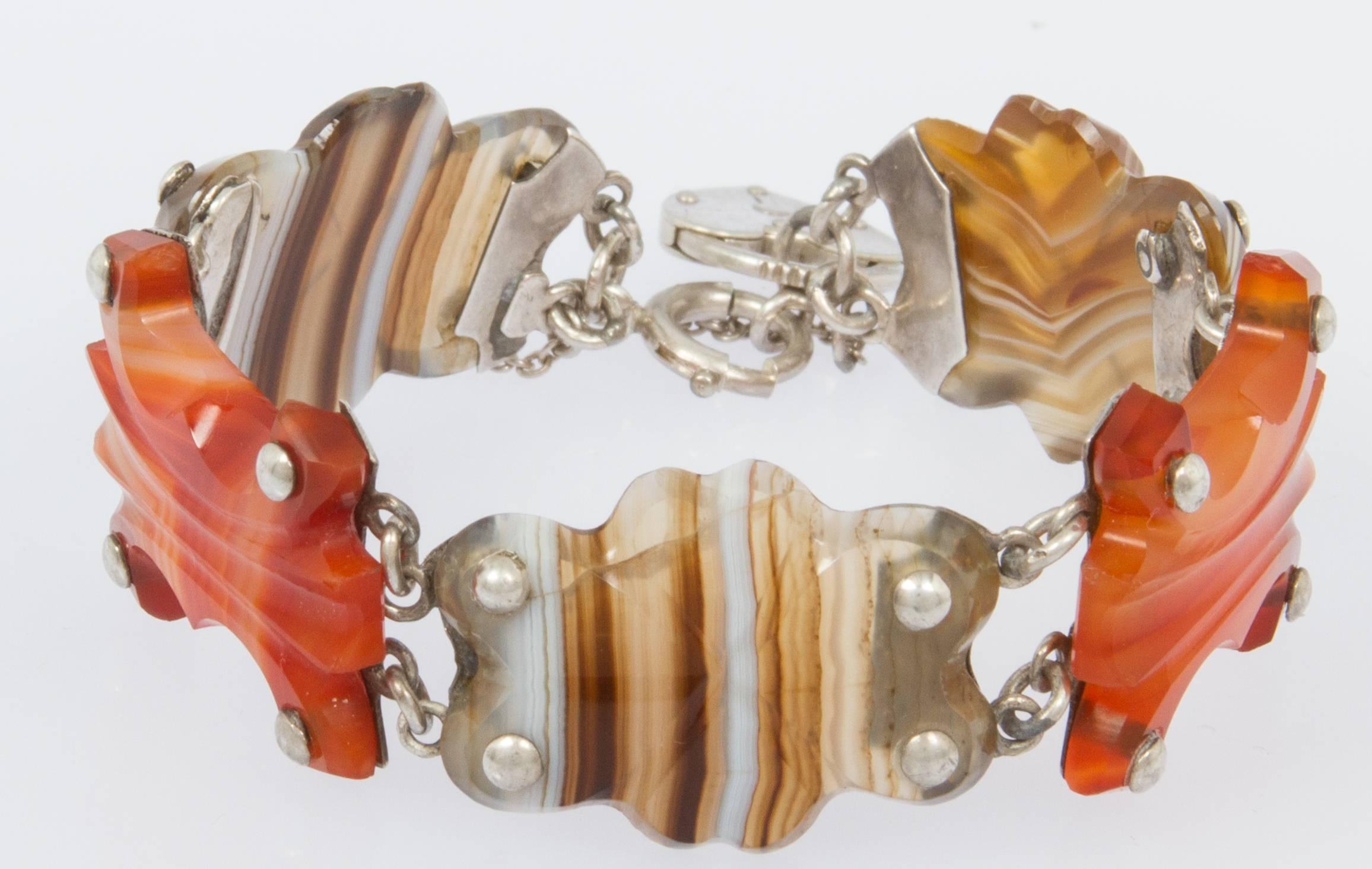 Women's Scottish Carved Agate and Sterling Silver Bracelet For Sale