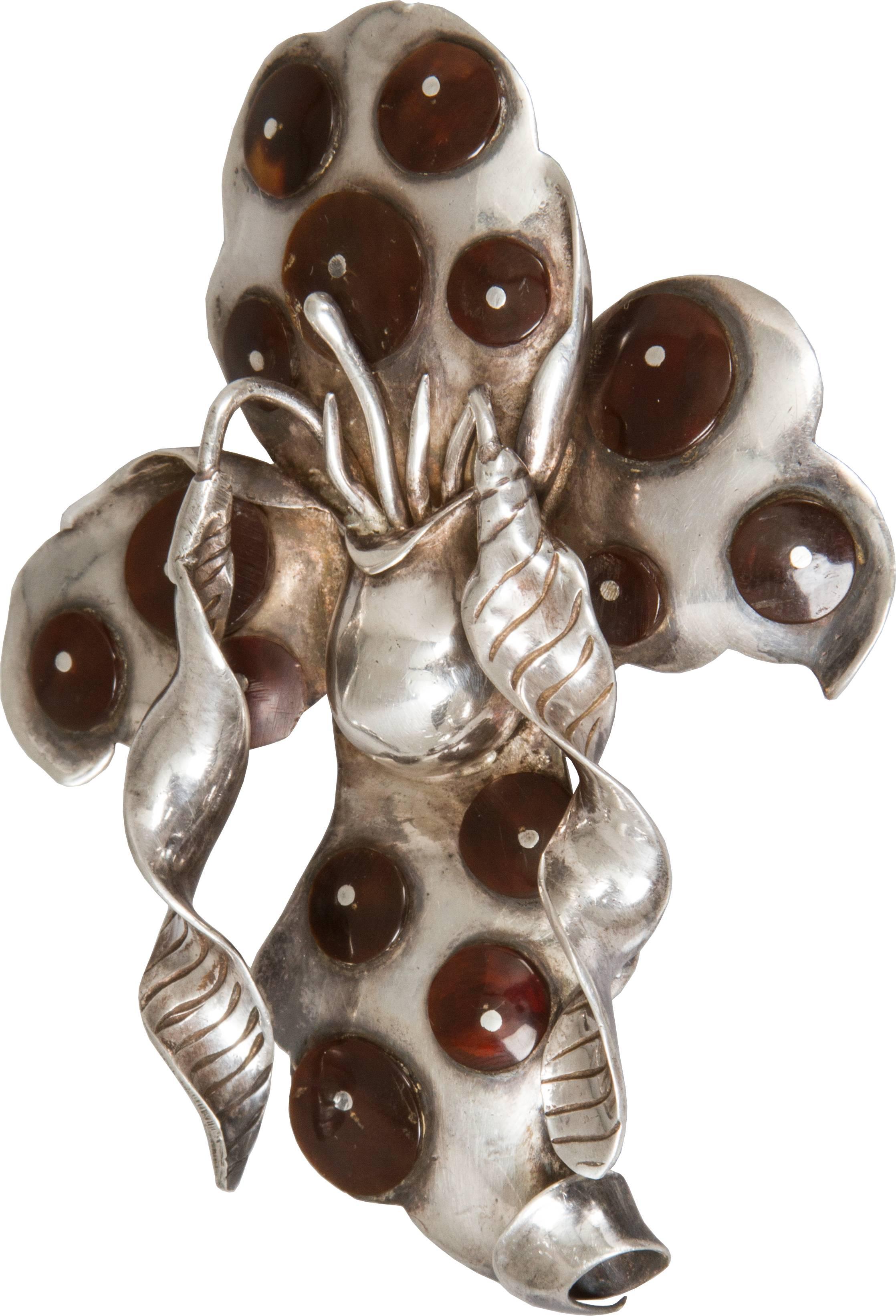 Unusual Large  Sterling Silver Orchid Brooch by William Spratling In Excellent Condition In Chicago, IL