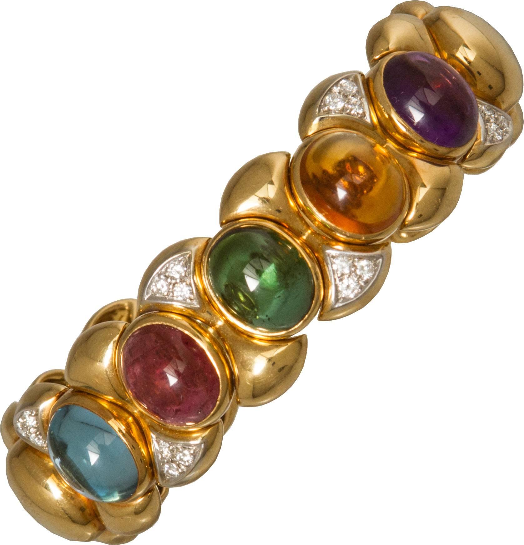 Semi-Precious Cabochon Diamond Gold  Flexible Cuff Bracelet In Excellent Condition For Sale In Chicago, IL