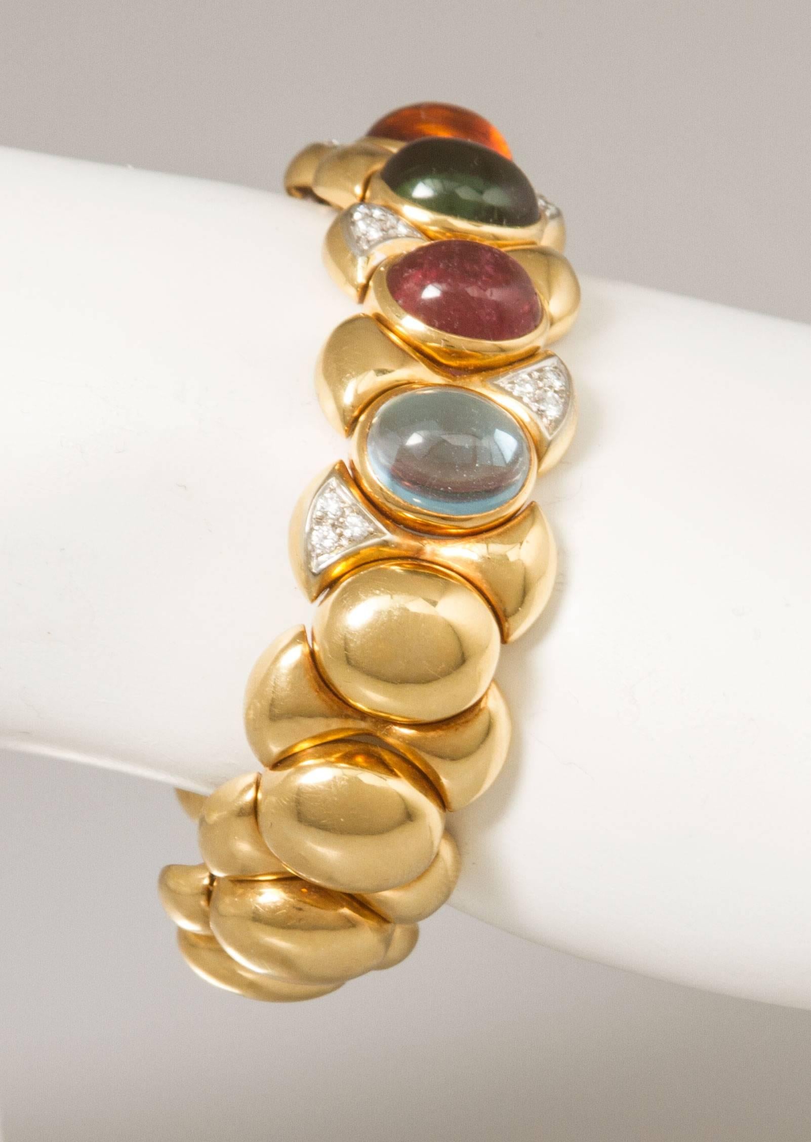 Women's Semi-Precious Cabochon Diamond Gold  Flexible Cuff Bracelet For Sale