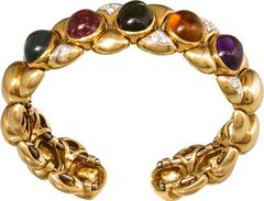 Semi-Precious Cabochon Diamond Gold  Flexible Cuff Bracelet