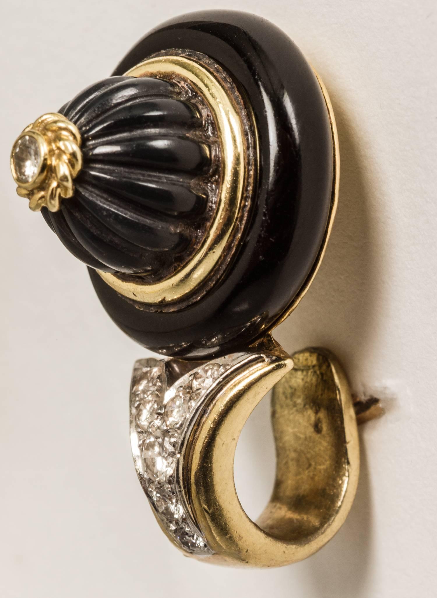 R. Stone Handsome Pair of Onyx Diamond Earclips   In Excellent Condition For Sale In Chicago, IL