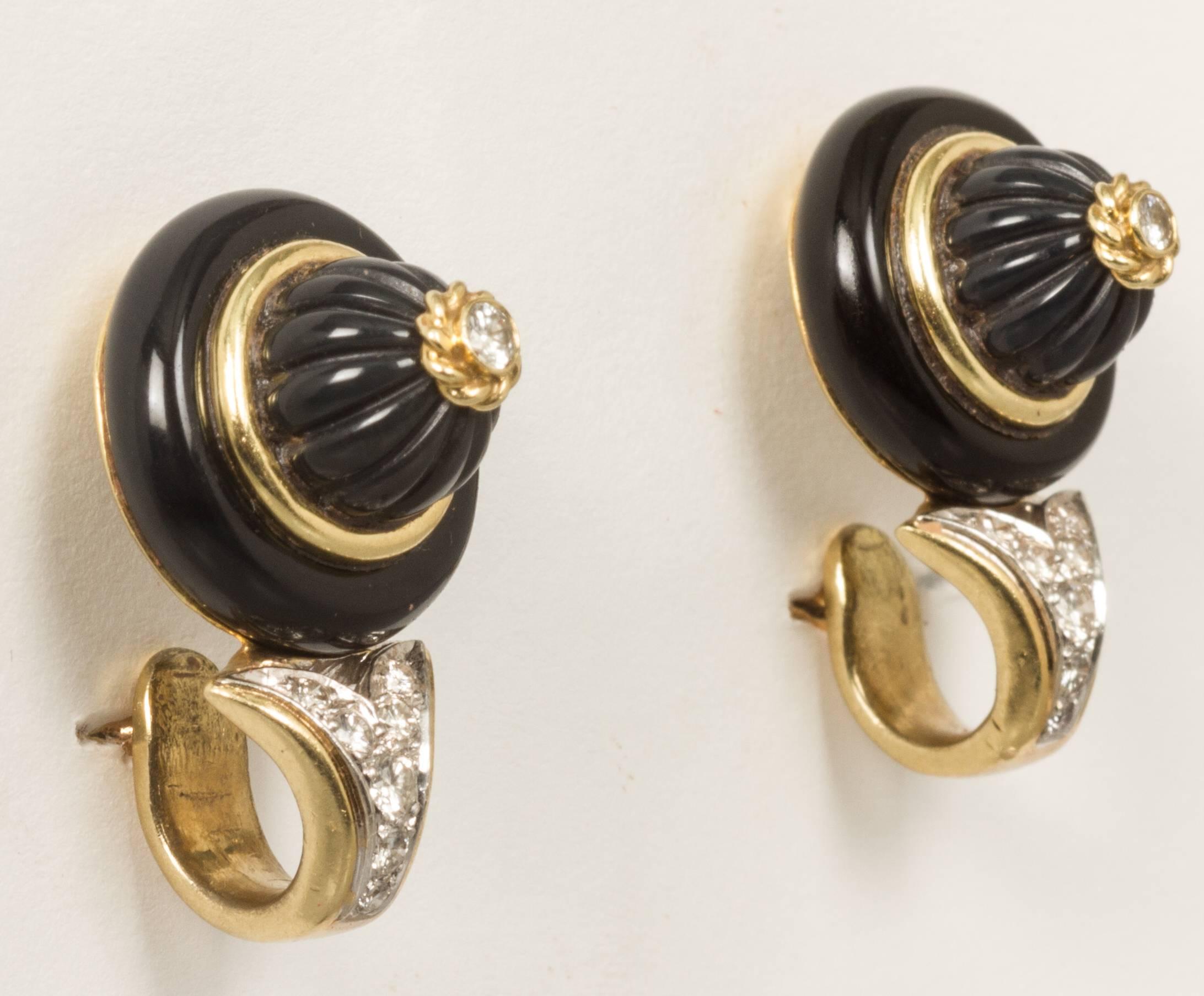 Women's R. Stone Handsome Pair of Onyx Diamond Earclips   For Sale