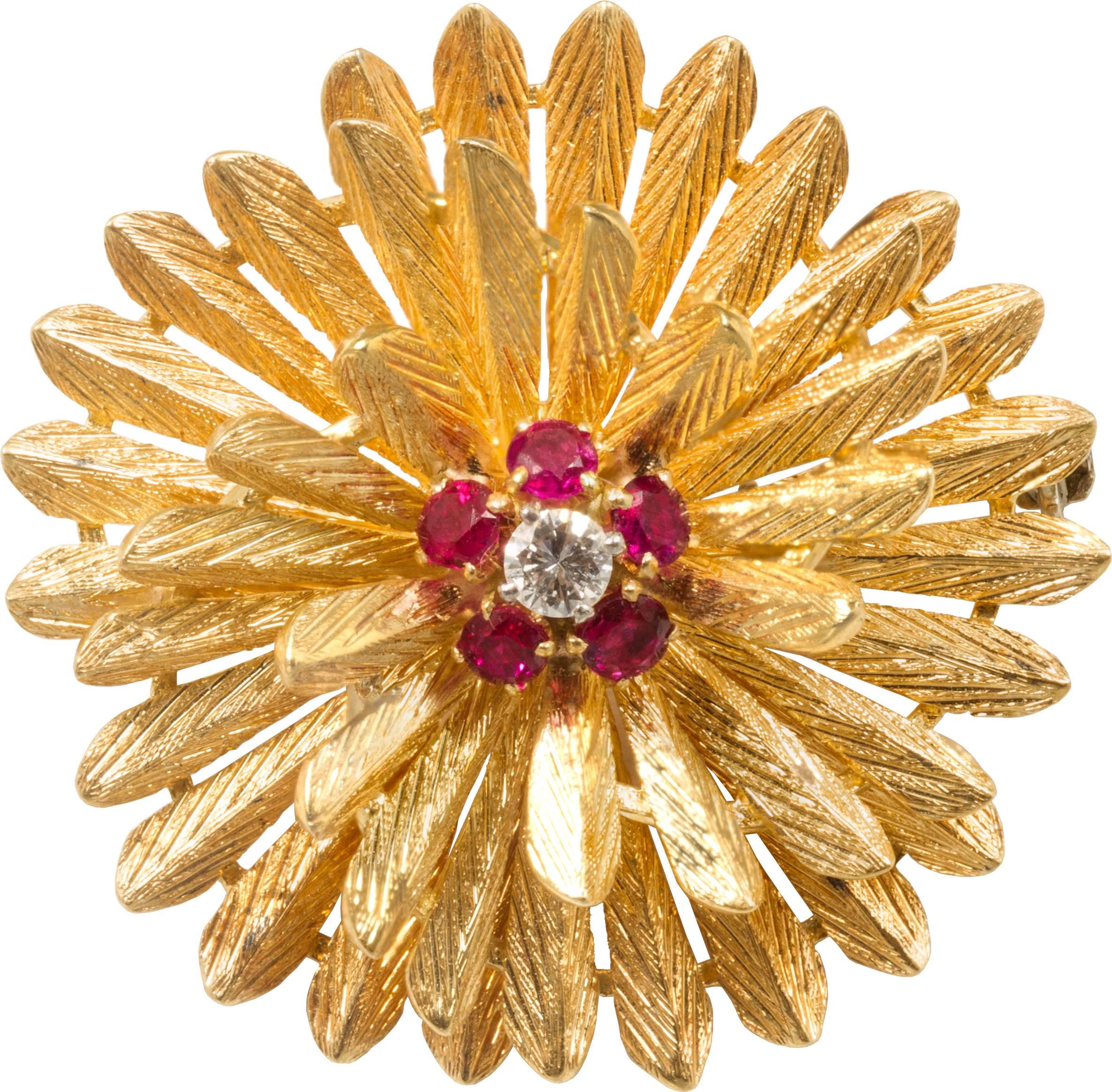 Mid Century Ruby Diamond Gold Flower Form Brooch  For Sale