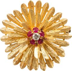 Retro Mid Century Ruby Diamond Gold Flower Form Brooch 