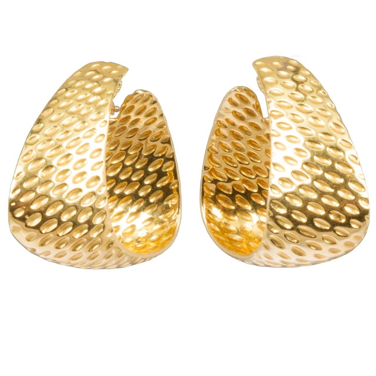Pair of Large Textured Gold Hoop Earrings For Sale