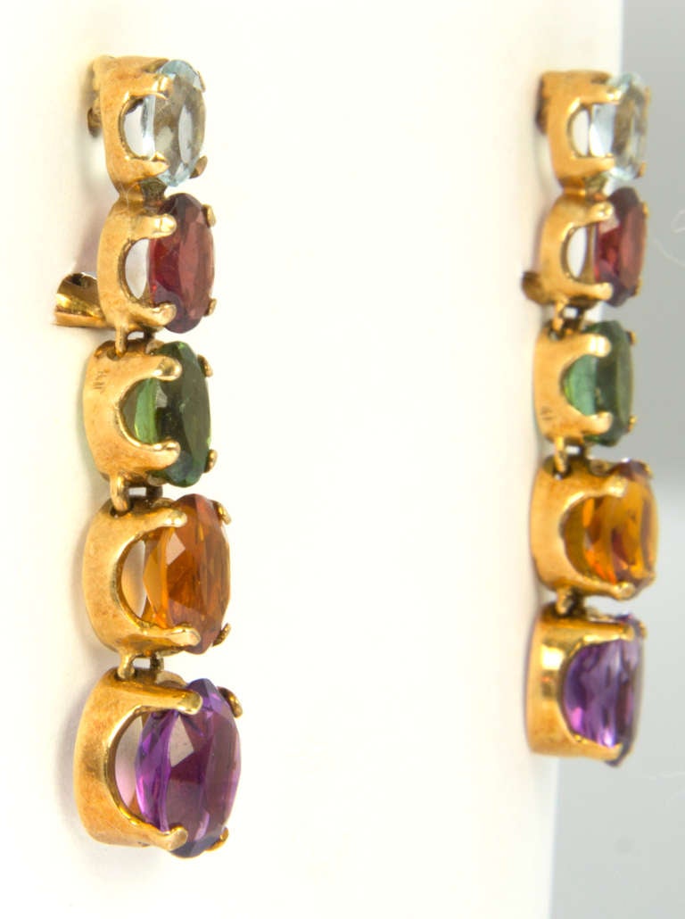 Gold and Multi Colored Gem Stone Dangle Earrings In Excellent Condition In Chicago, IL