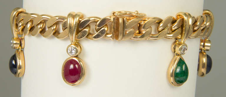 Ruby Sapphire Emerald Diamond Gold Link Bracelet In Excellent Condition In Chicago, IL