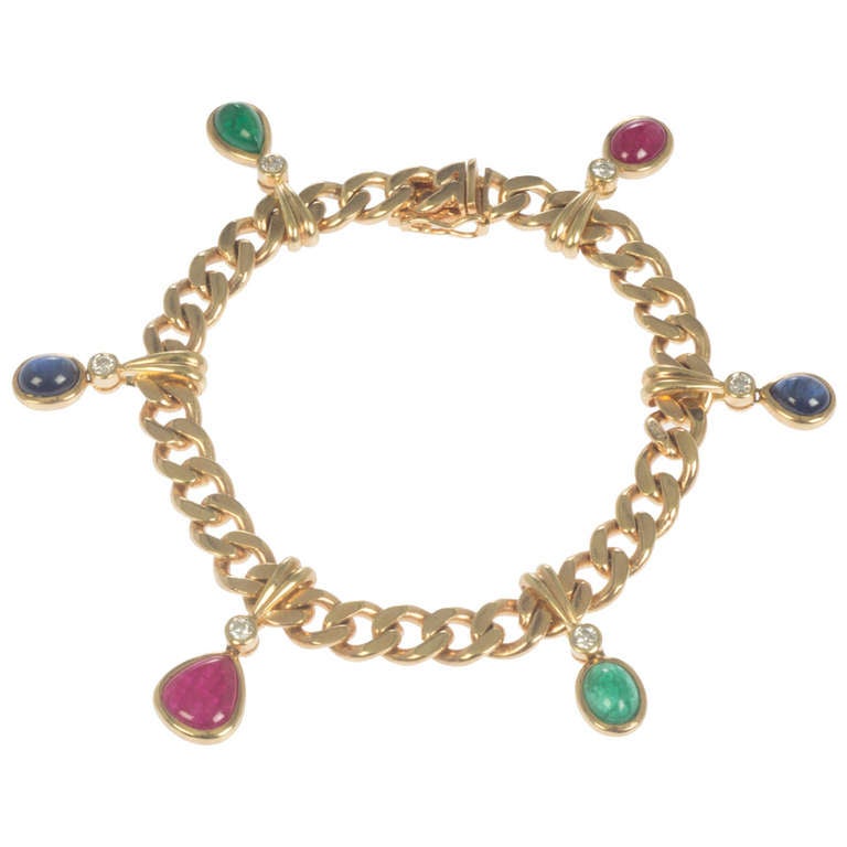 Ruby Sapphire Emerald Diamond Gold Link Bracelet