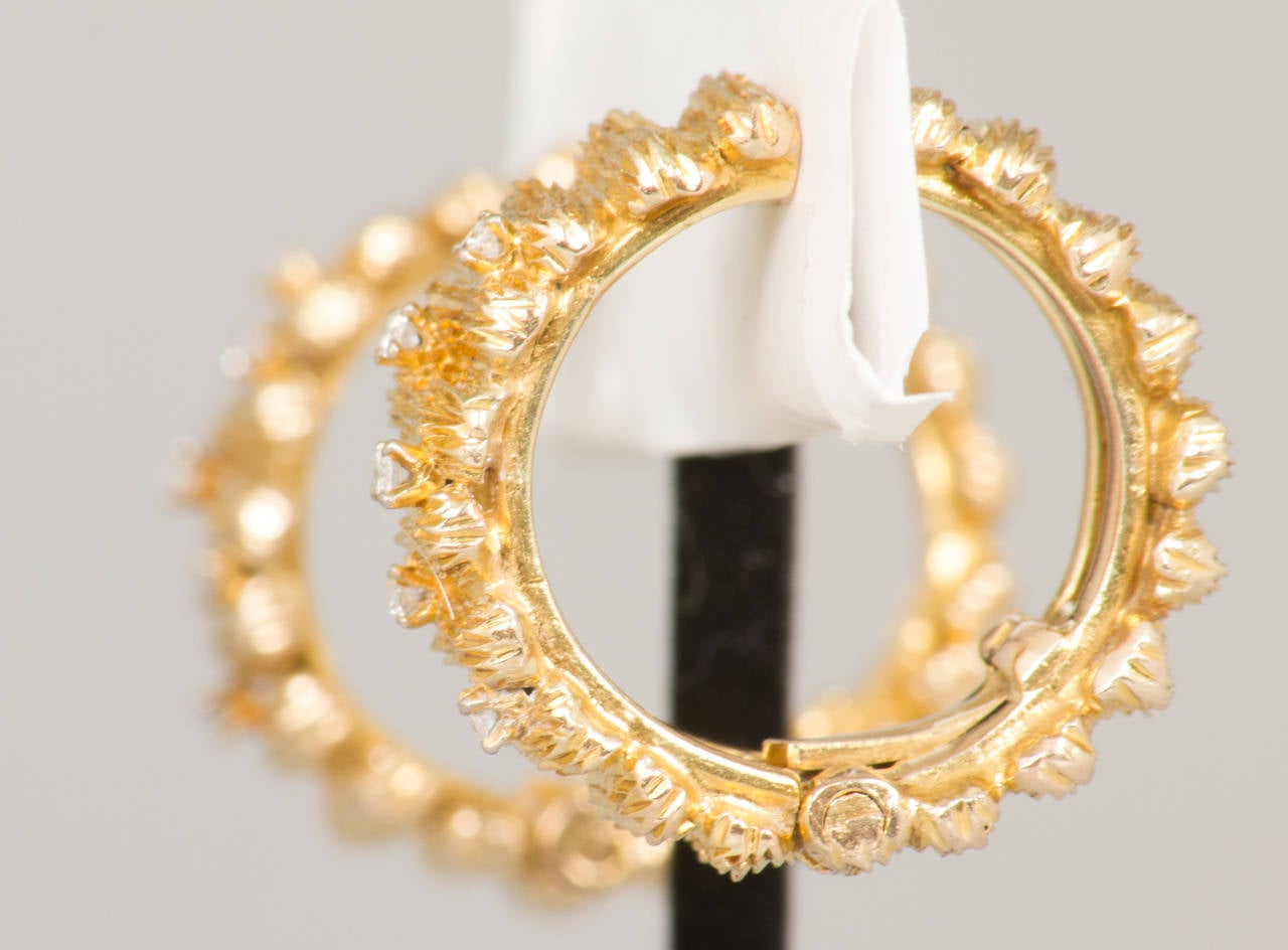 Pair of Diamond Gold Hoop Earrings For Sale 1