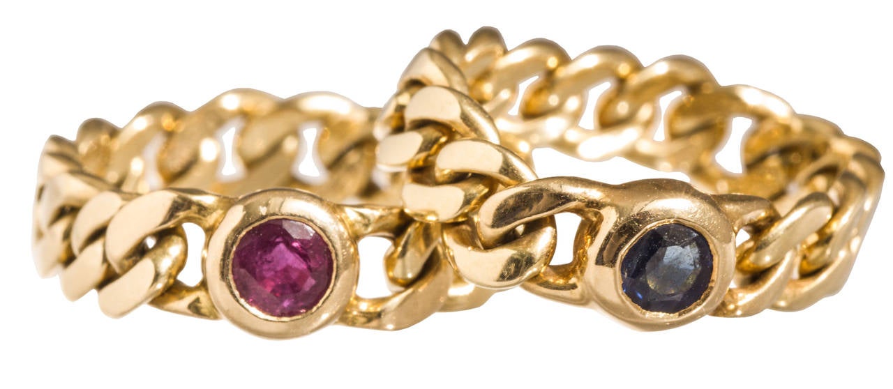 Good looking  stacking ring, one with a Ruby,  the other has a Sapphire.

These are Size 6 1/2 and 6 3/4 rings.