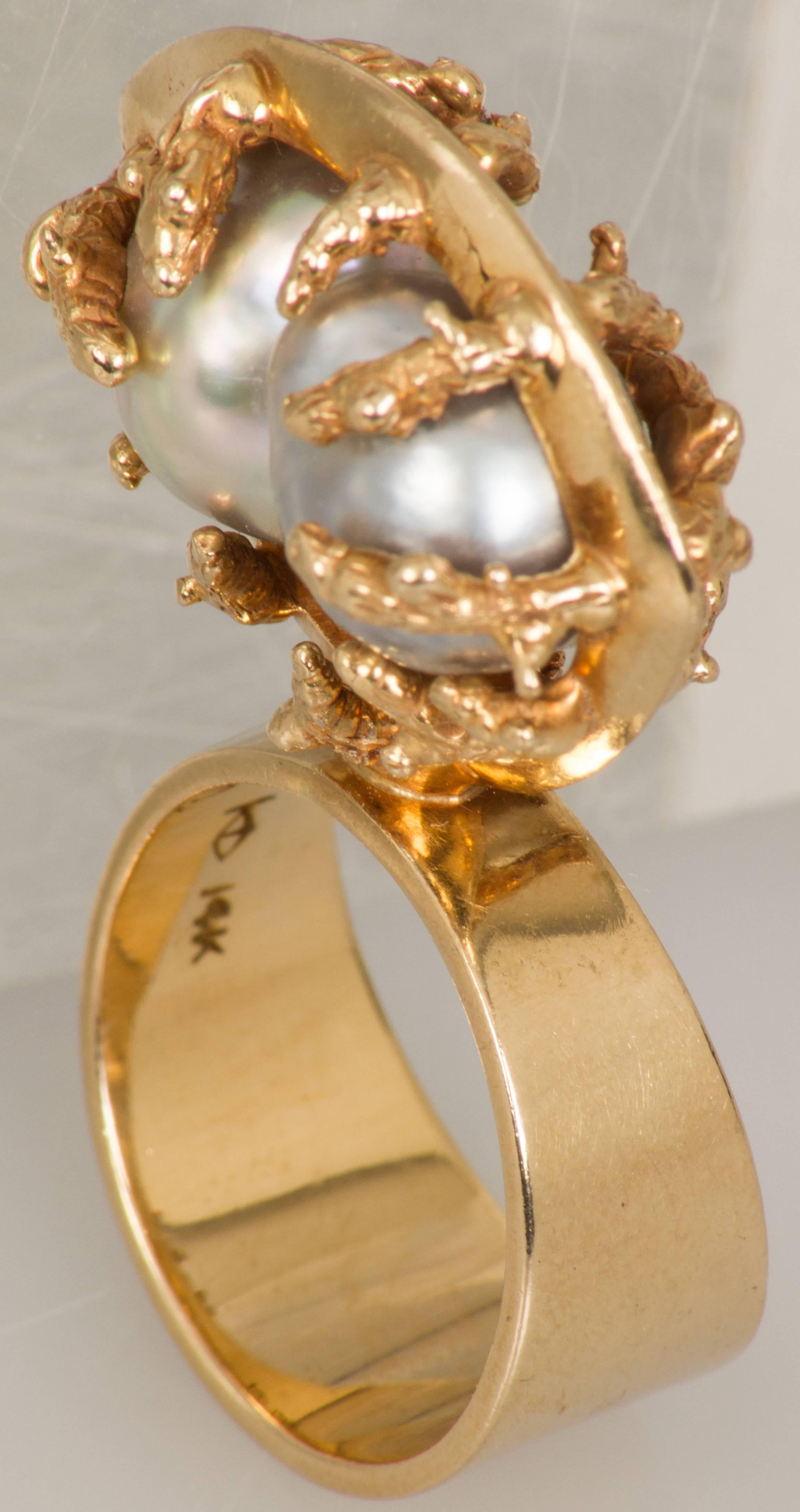 Women's Sculptural Grey Baroque Pearl gold Ring For Sale