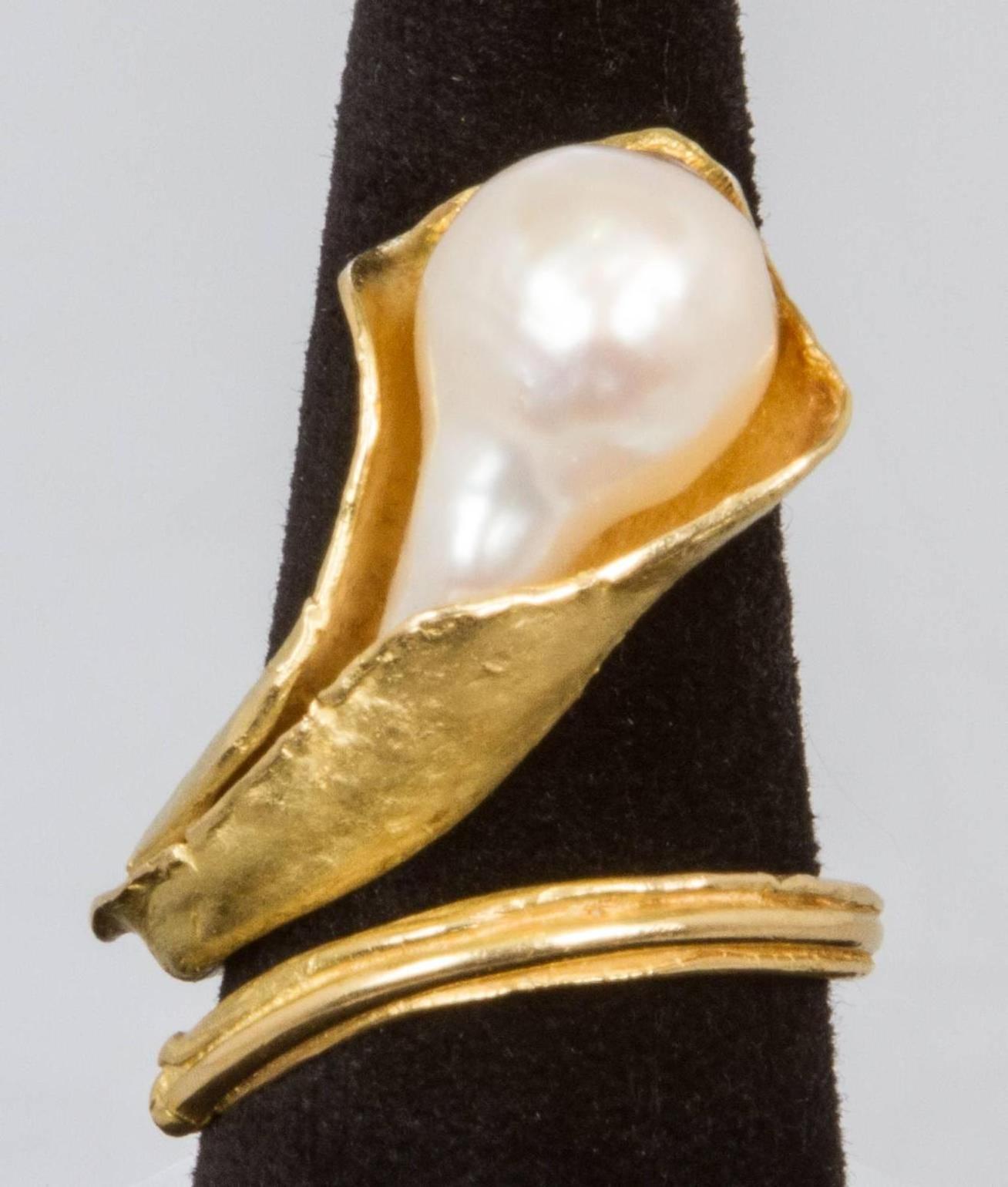 Women's Large Unique Studio Gold and Pearl Ring For Sale
