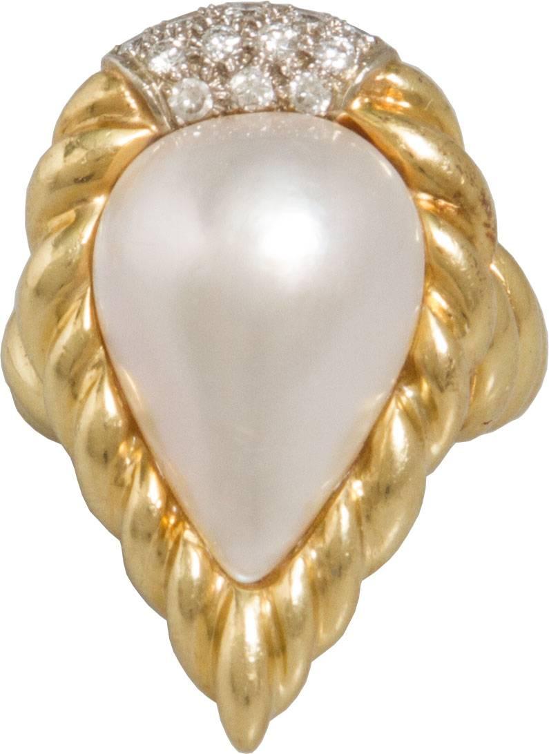 Women's or Men's 1970s R. Stone Mabe Pearl Diamond Gold Ring For Sale