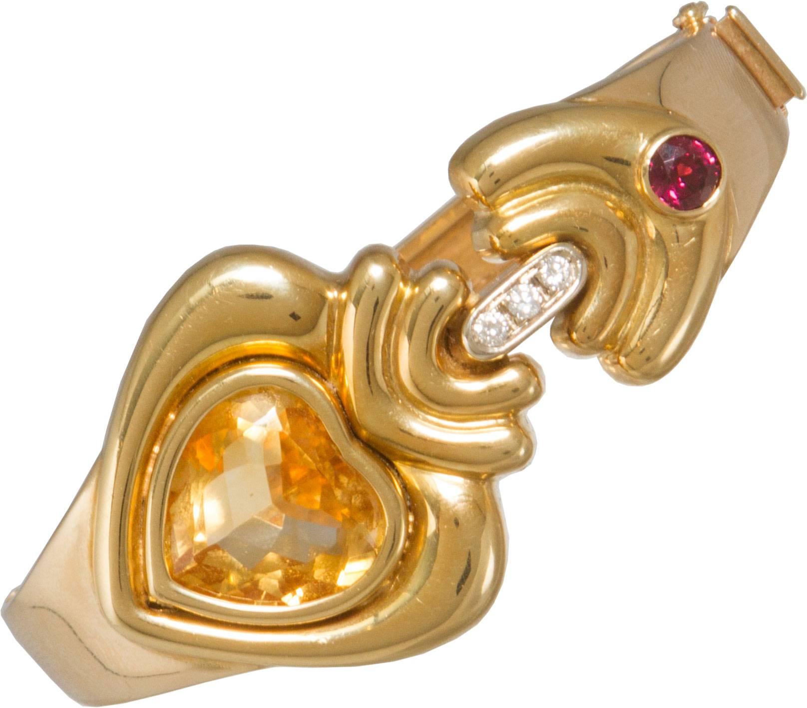 Women's or Men's 1980s Citrine Garnet Diamond Gold Cuff Bracelet  For Sale