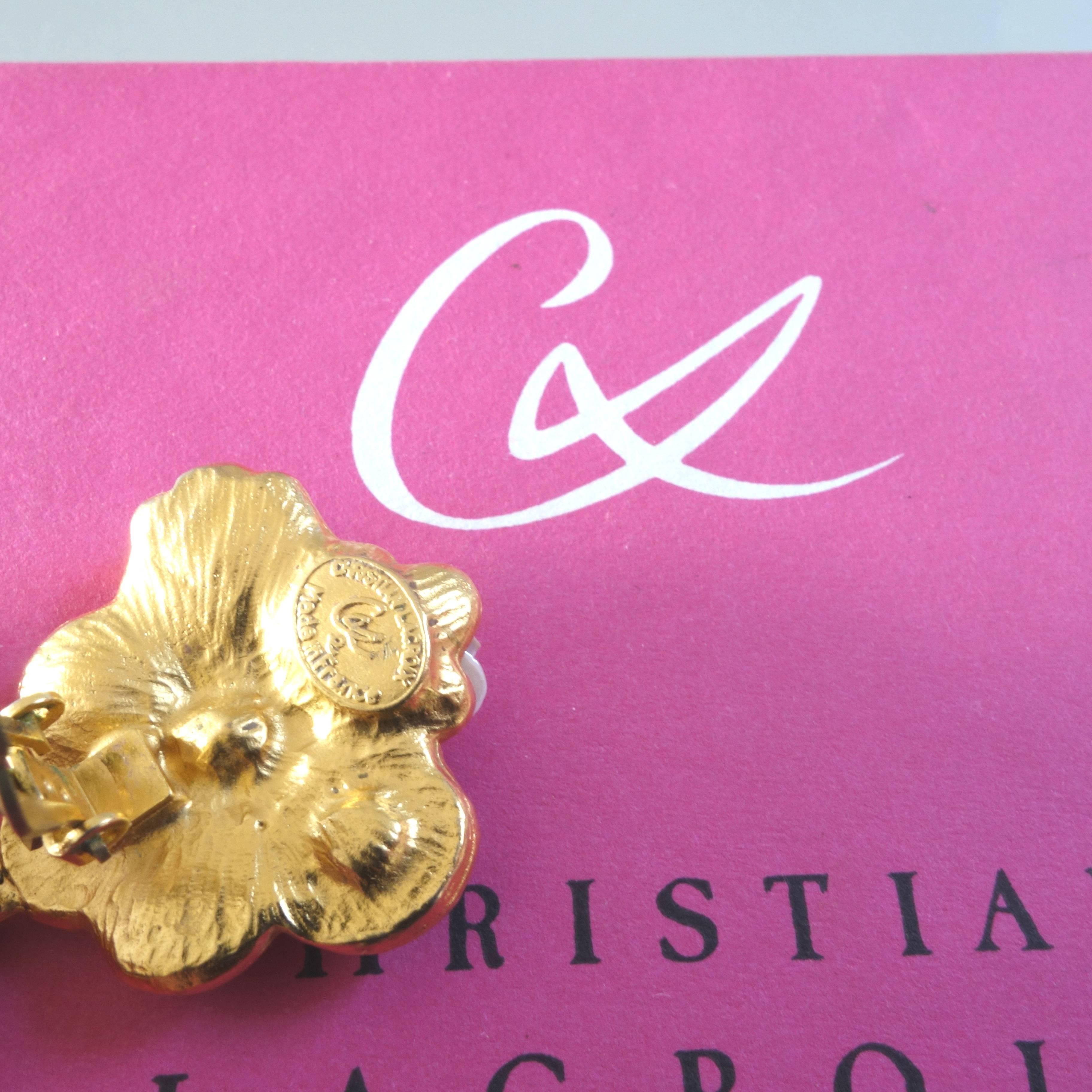 Modern Christian Lacroix Gilt Metal Celluloid Paste Clip-On Earrings in Original Box For Sale