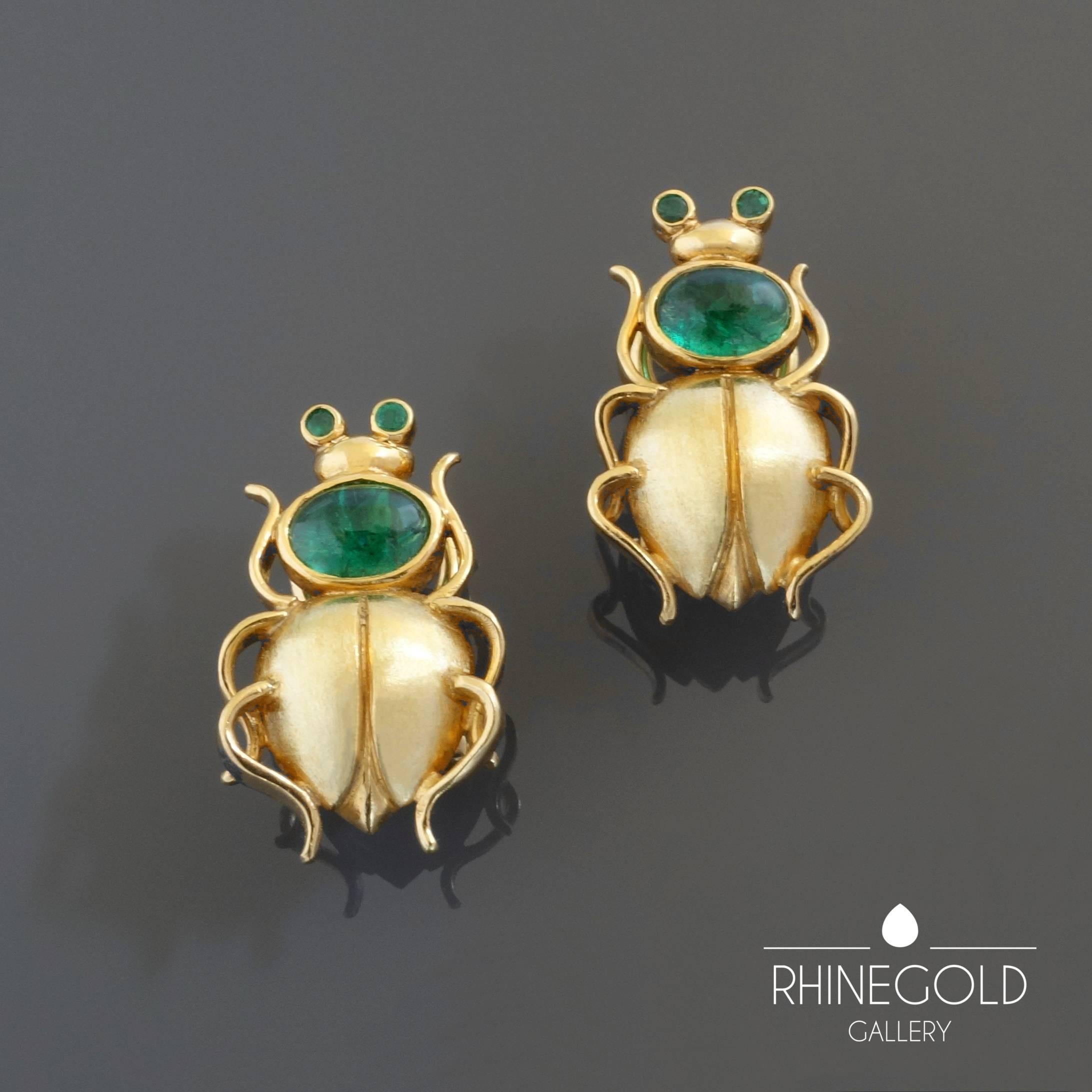 Unique   Emerald Gold Scarab Beetle Clip Post Earrings In Excellent Condition In Dusseldorf, NRW