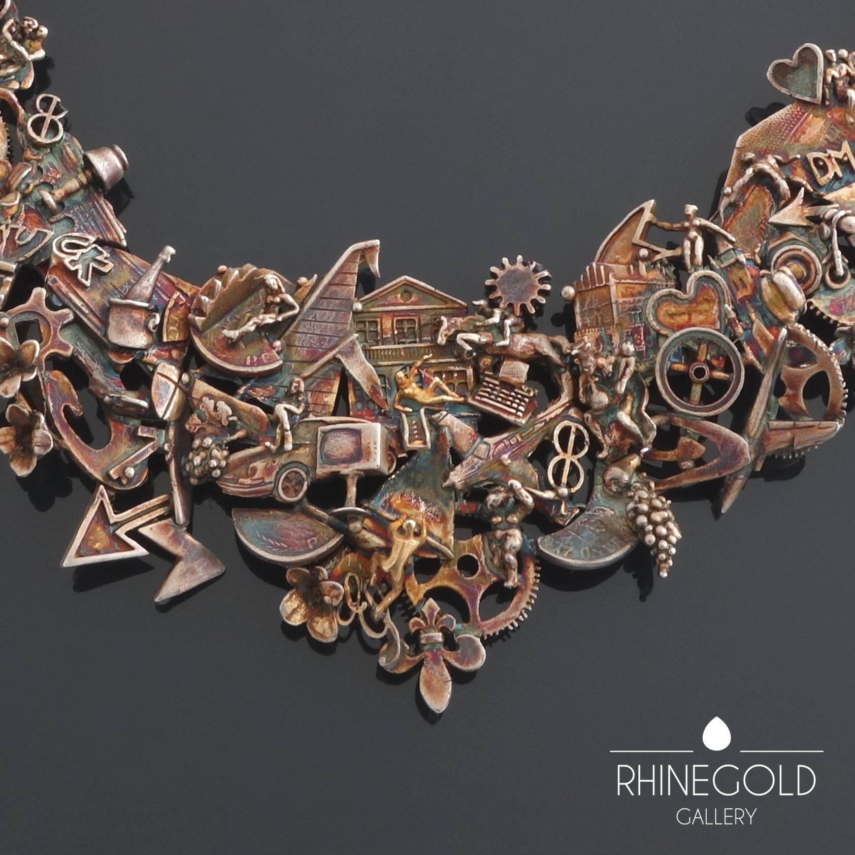 Ehinger-Schwarz: Figural Modernist Necklace of Patinated Silver 
Patinated sterling silver
Length 40.5 cm (approx. 16") , Width 5.6 to 0.8 cm (approx. 2 3/16" to 5/16")
Marks: silver content mark ‘925‘, maker’s mark
Germany,