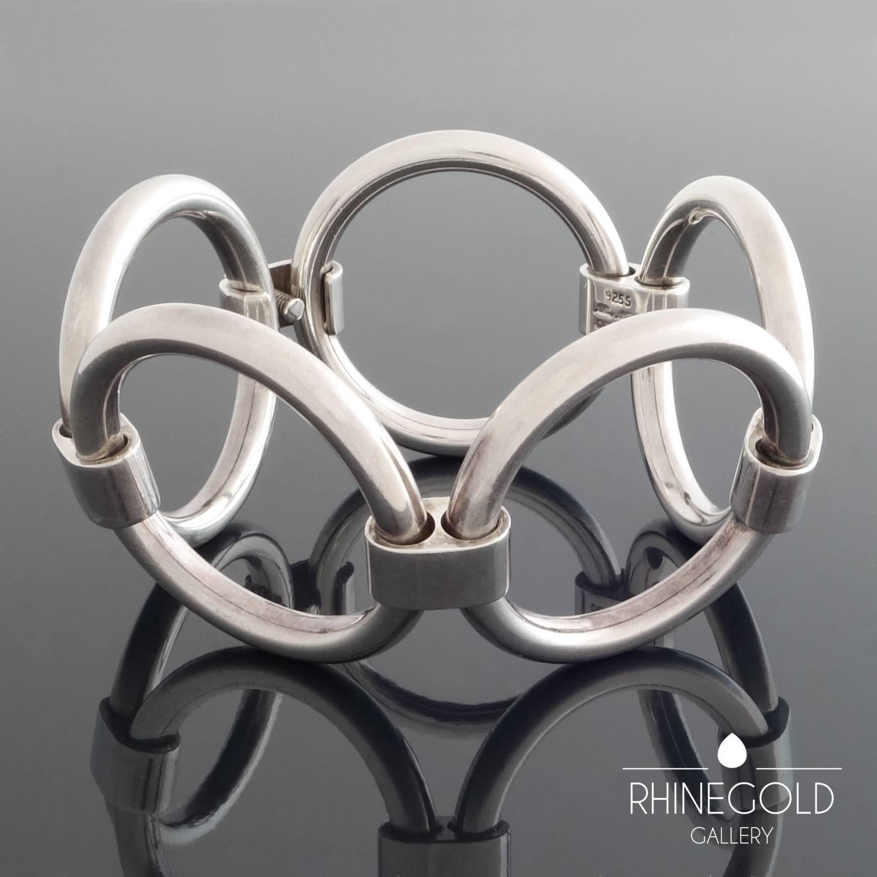 Modernist Hans Hansen Denmark Scandinavian Modern Wide Hoop Silver Bracelet For Sale