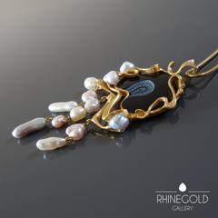 Fernand Demaret Belgium Unique Modernist Onyx Pearl Gold Pendant On Long Chain