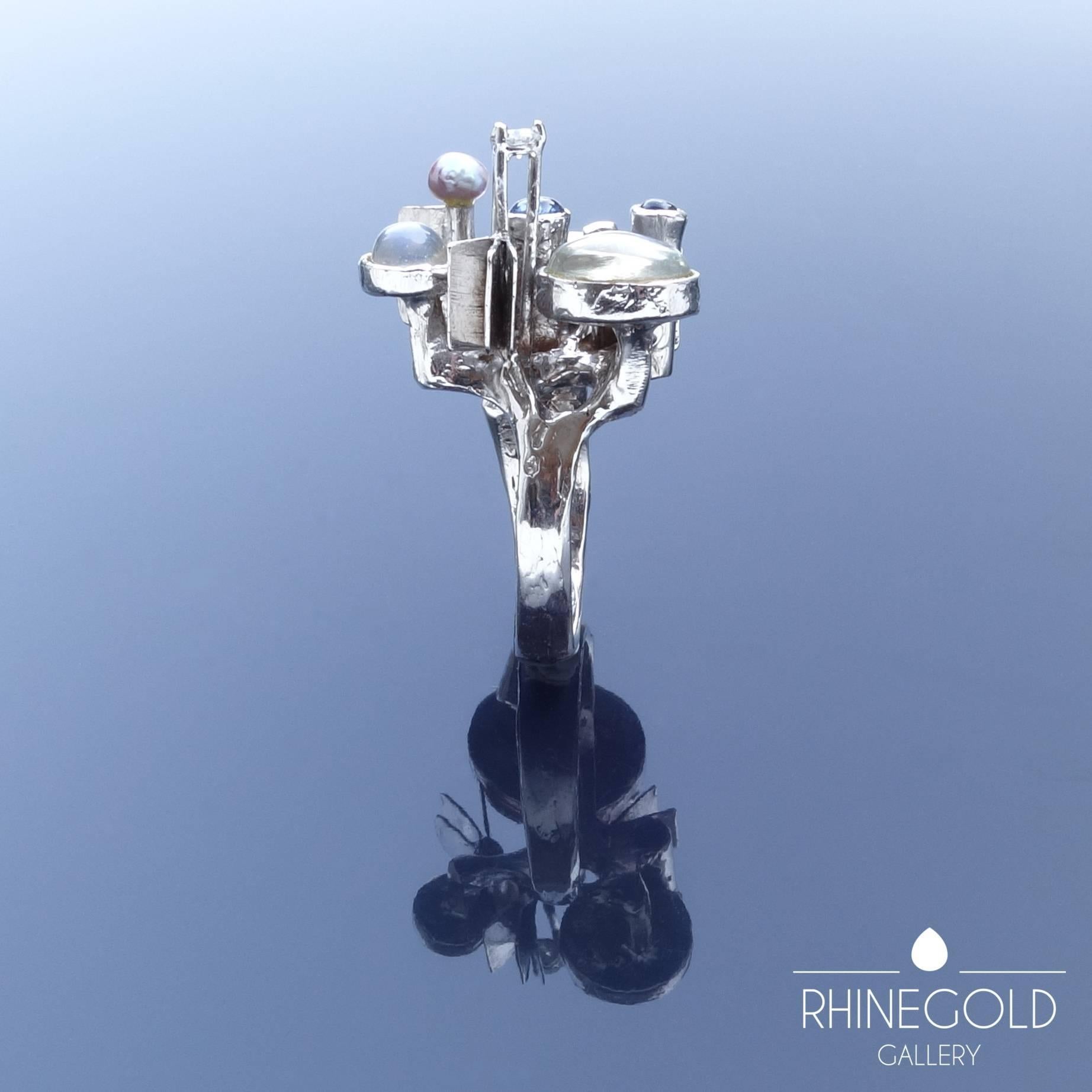 Klaus Neubauer Modernist Moonstone Sapphire Diamond Pearl White Gold Ring For Sale 1