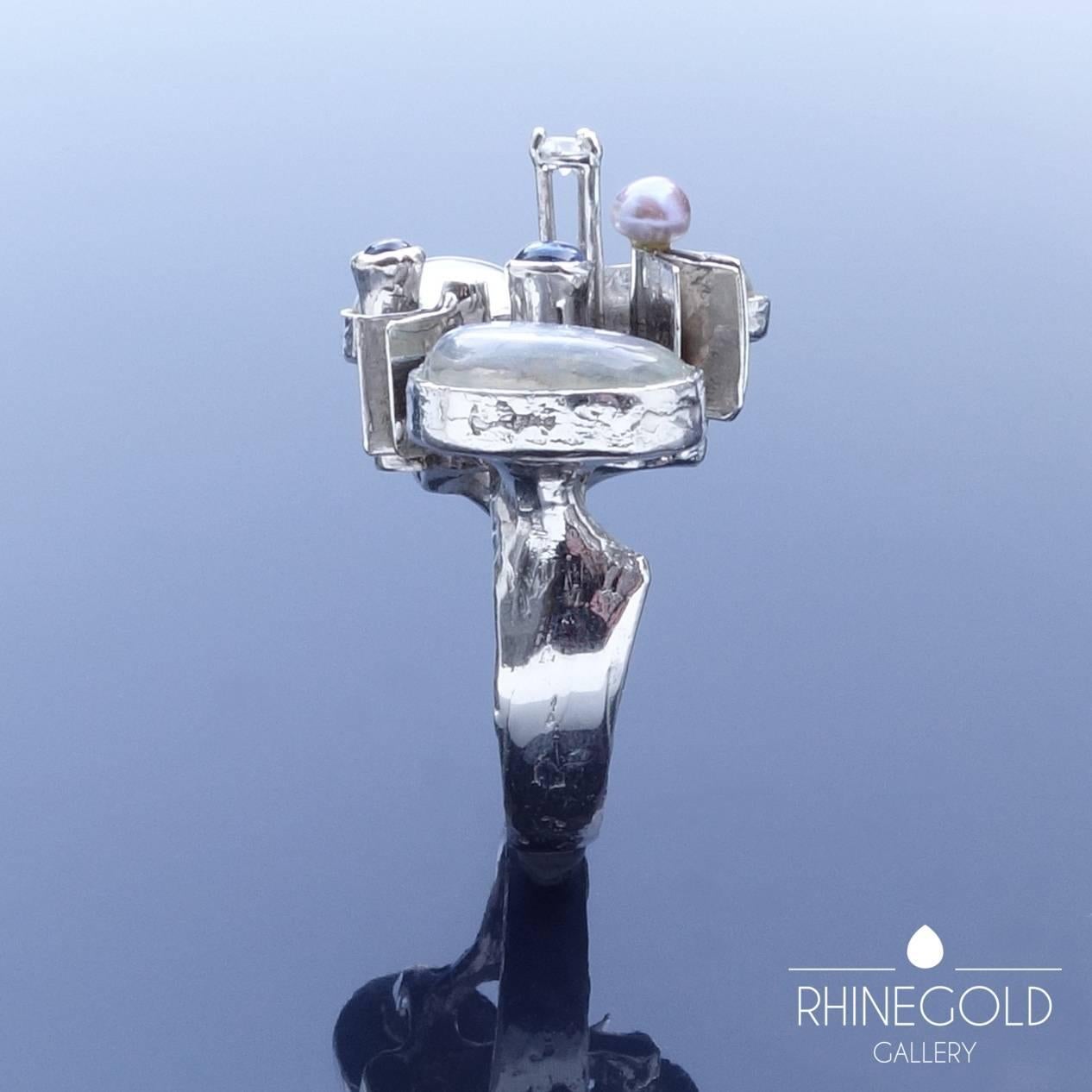 Klaus Neubauer Modernist Moonstone Sapphire Diamond Pearl White Gold Ring For Sale 2
