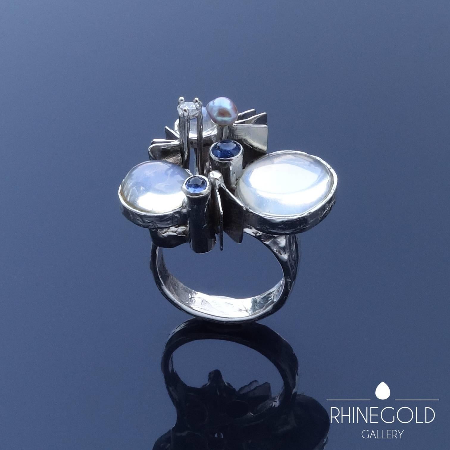 Klaus Neubauer Modernist Moonstone Sapphire Diamond Pearl White Gold Ring For Sale 4