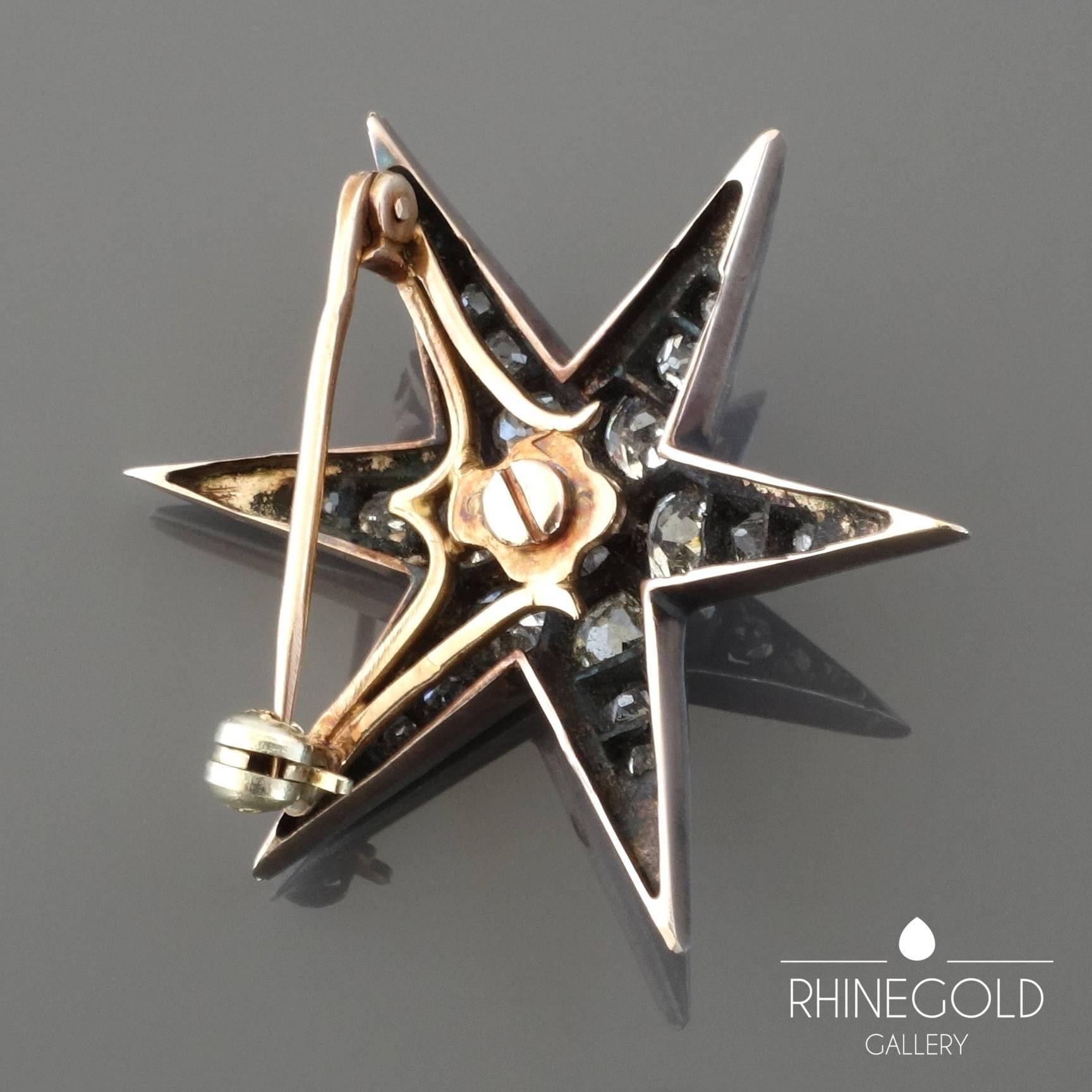 Antique French Old-Cut Diamond Silver on Gold Star Brooch
Silver, 18k rose gold, 25 old cut diamonds estimated to weigh a total of approx. 2 carats (vvs-vs; tinted)
Diameter 1 5/16”
Weight 6.8 grams
Marks: on the star French mark for items made