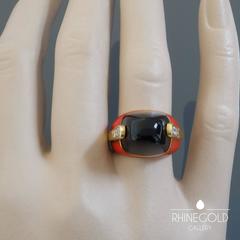 1960s Otto Klein Modernist Coral Red Enamel Onyx Diamond Gold Ring