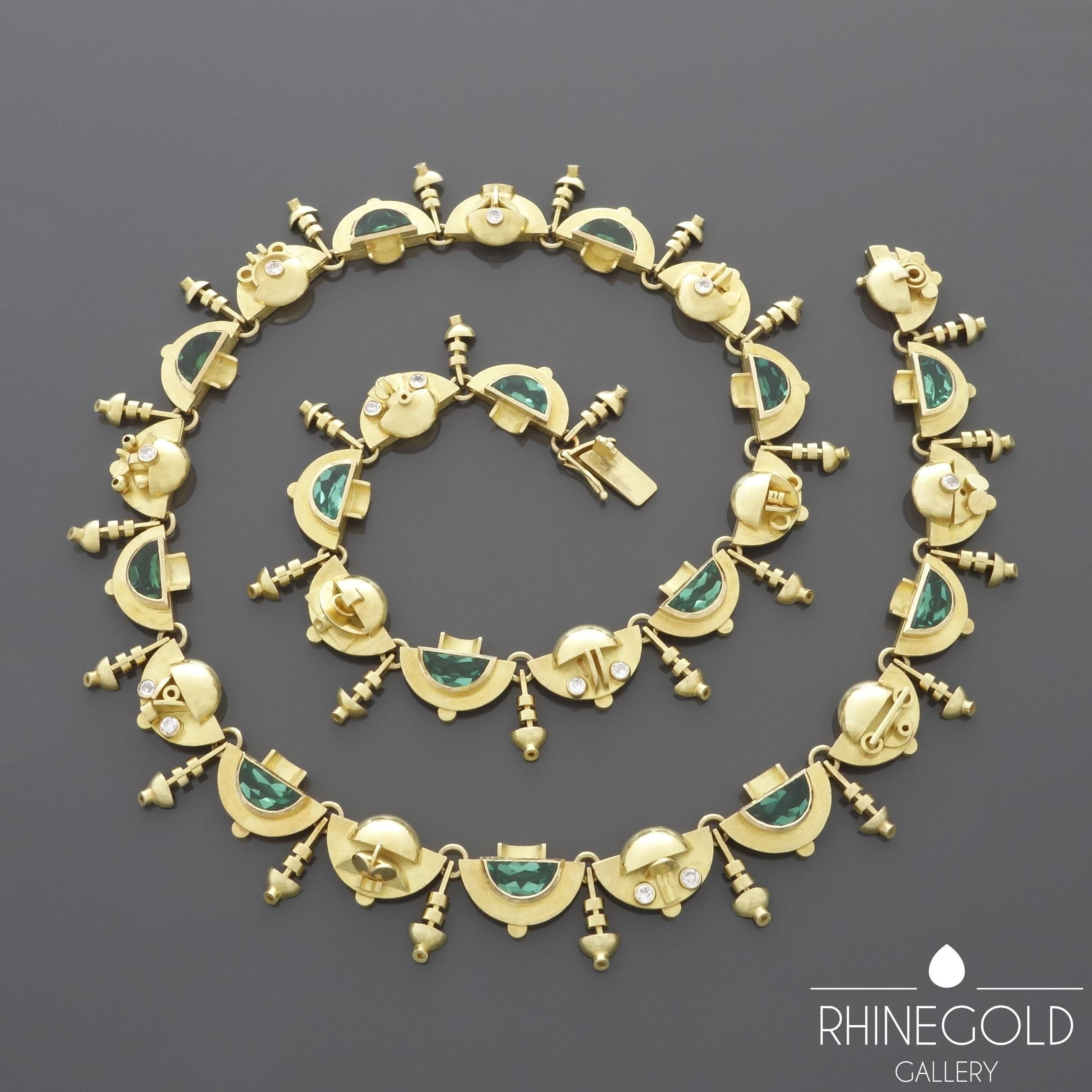 1920s-1930s Ernst Treusch Art Deco Tourmaline Diamond Gold Robot Mask Necklace  For Sale 1