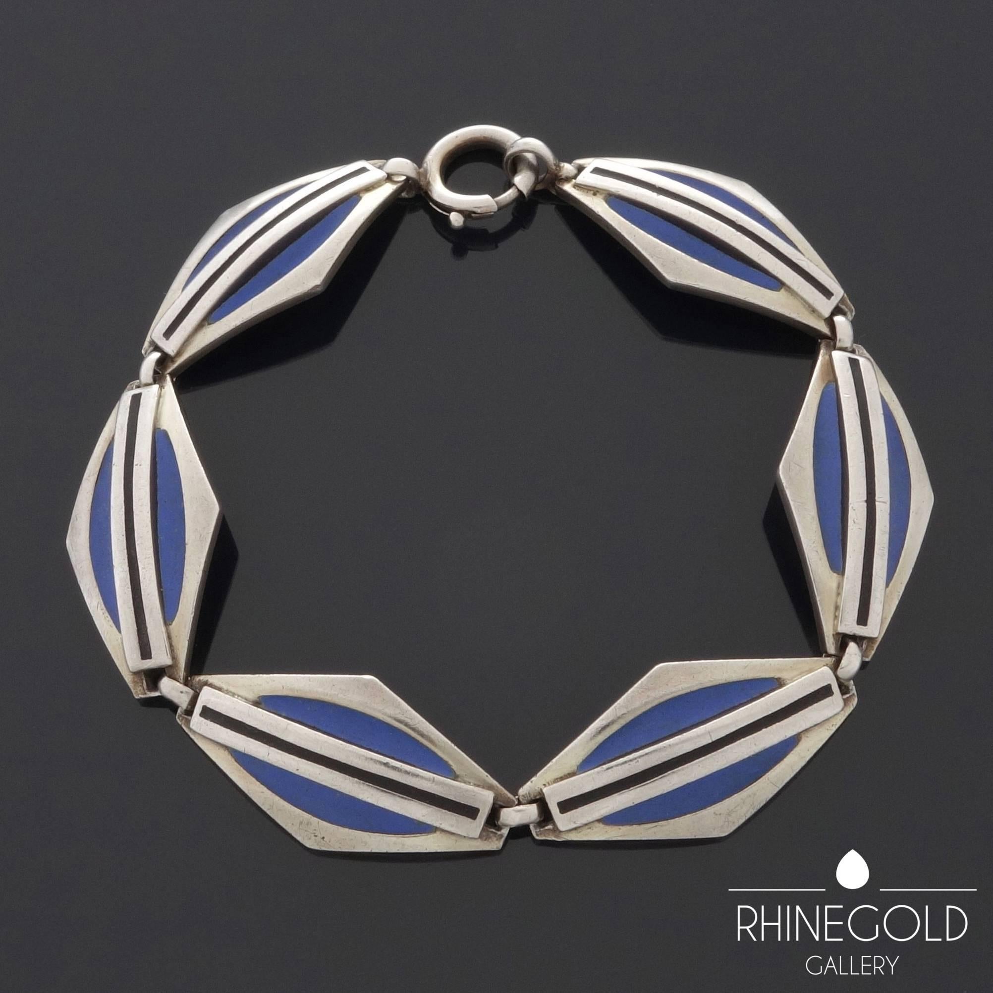Women's 1920s Theodor Fahrner Art Deco Matte Enamel Silver Bracelet For Sale