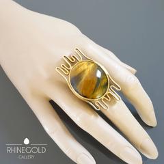 Herbert Bitter Huge Unique Modernist Tiger’s Eye Falcon Eye Sculptural Gold Ring