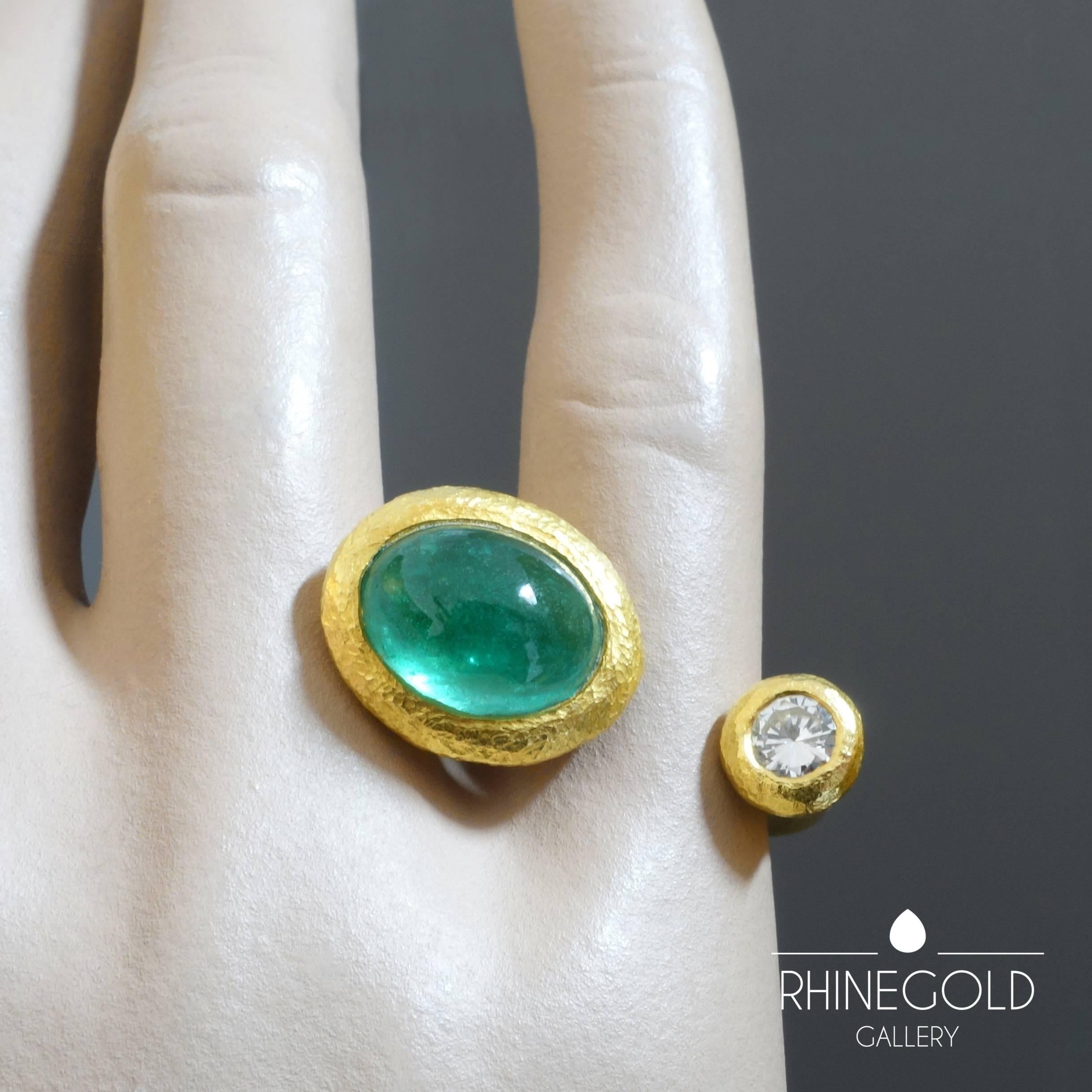 Oval Cut 2000s Modern Between the Finger Emerald Diamond Gold Ring