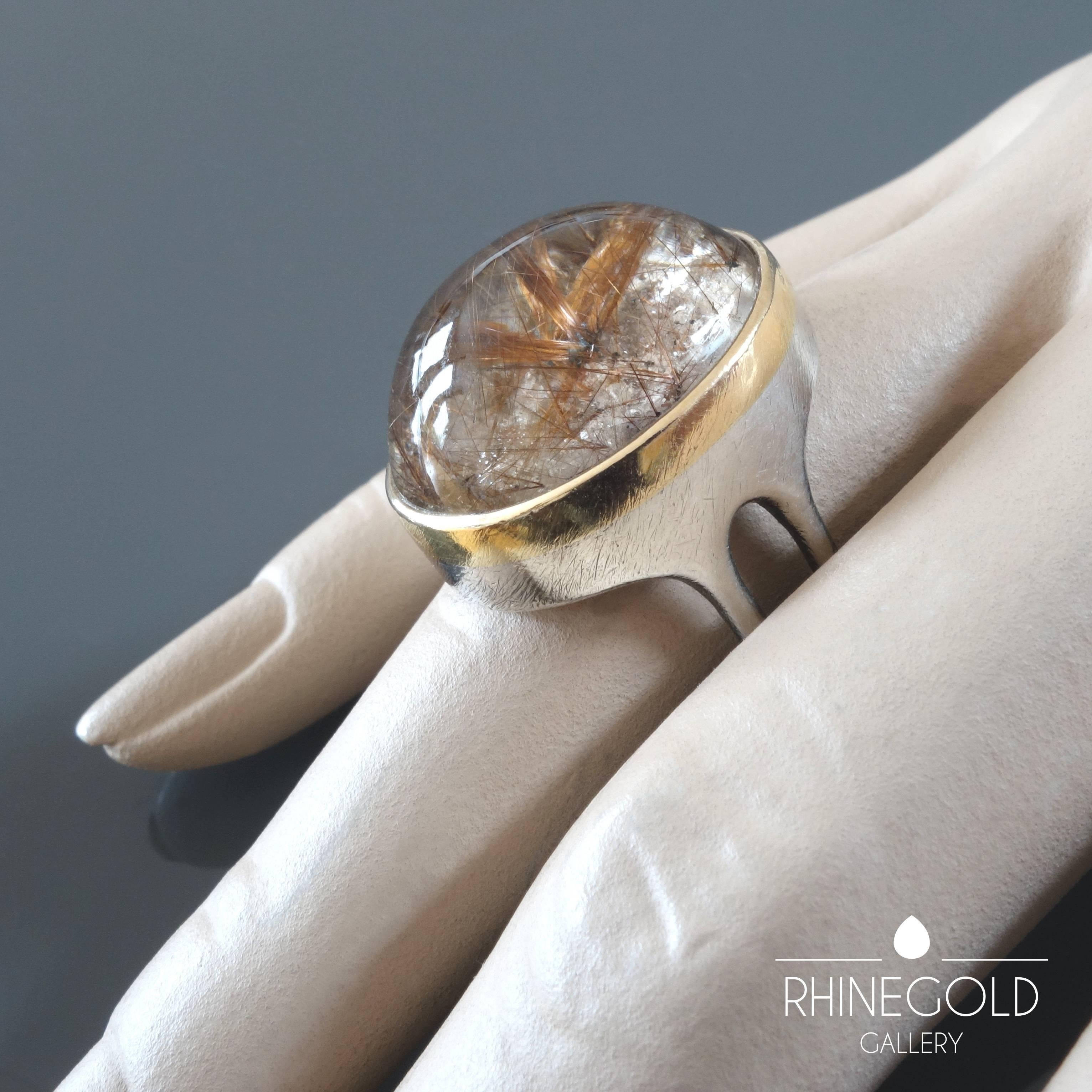 Oval Cut Forster Unique Modernist Rutilated Quartz Gold Silver Cocktail Ring For Sale