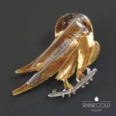 1970s Diamond Ruby Gold Falcon Bird Brooch Pin
