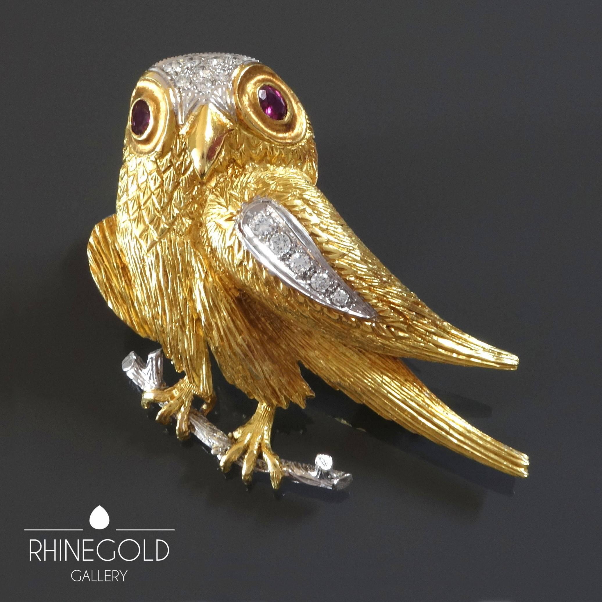 Modernist 1970s Diamond Ruby Gold Falcon Bird Brooch Pin For Sale