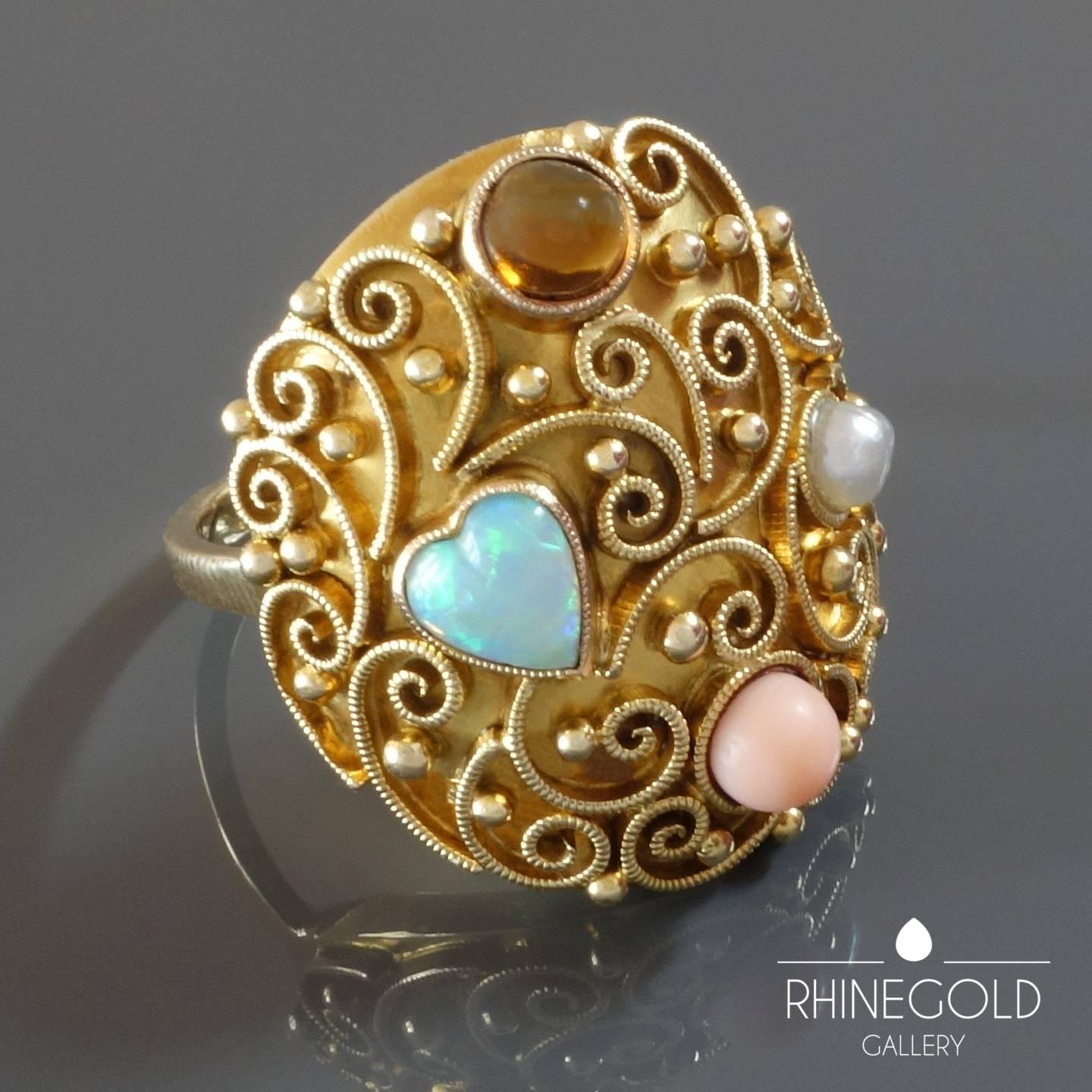 Women's Unique German 1920s Opal Heart Angelskin Coral Citrine Pearl Gold Cocktail Ring For Sale