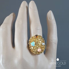 Unique German 1920s Opal Heart Angelskin Coral Citrine Pearl Gold Cocktail Ring