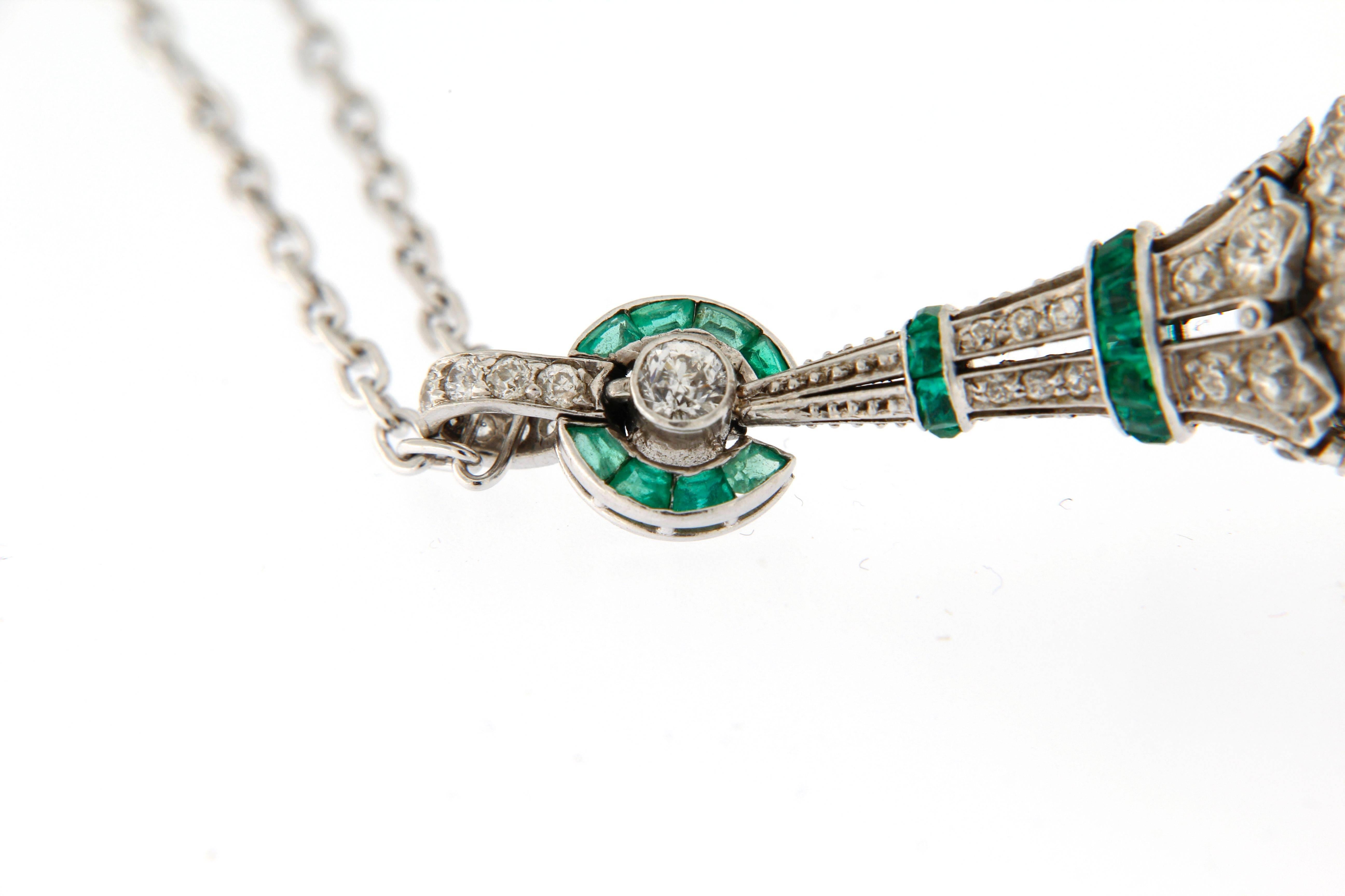 1930s Ladies Emerald Diamond Necklace Watch In Excellent Condition In Florence, IT