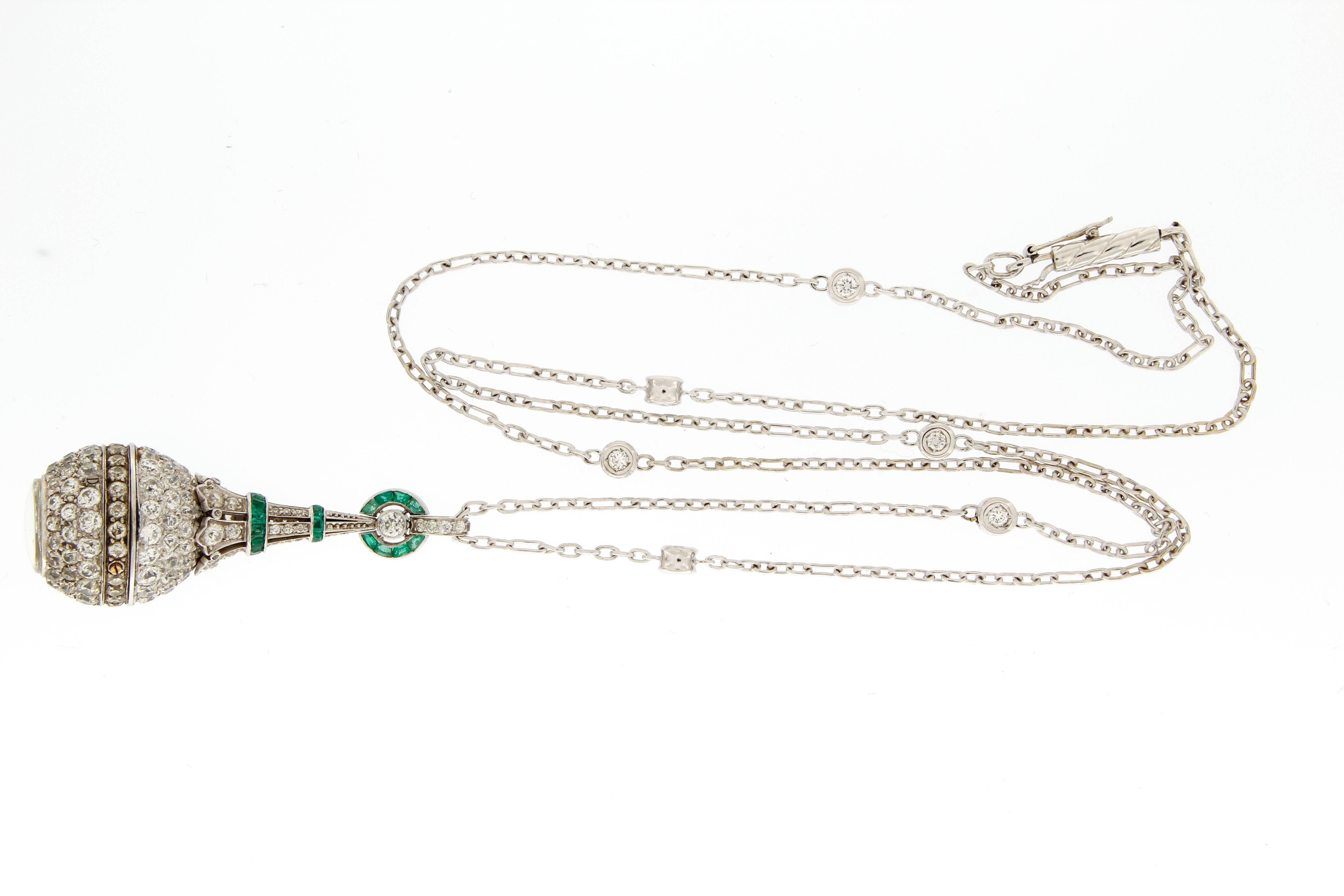 Women's 1930s Ladies Emerald Diamond Necklace Watch