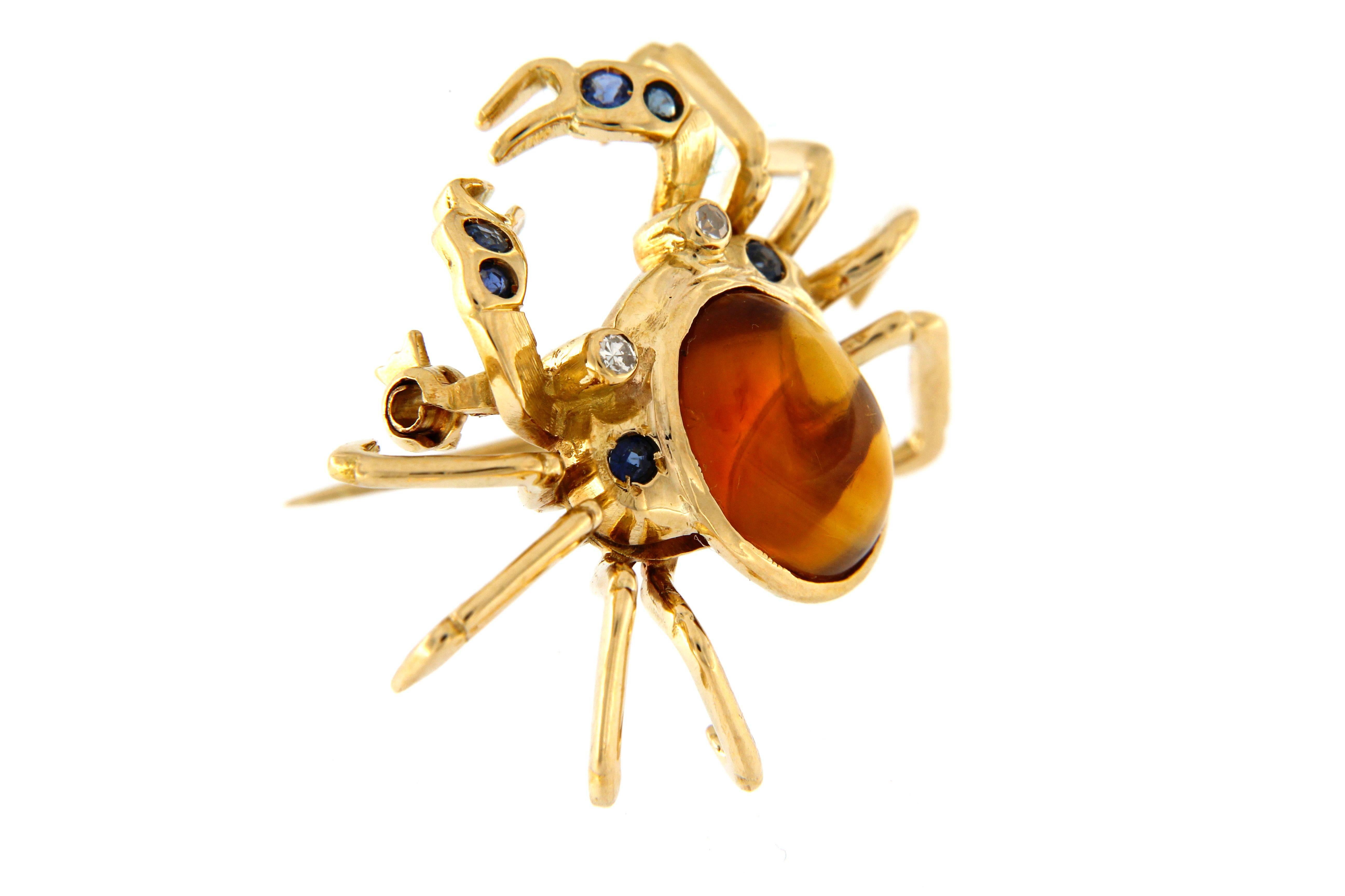 completely handmade, very nice brooche crab shaped set with Topaze, Sapphire and full cut diamonds
