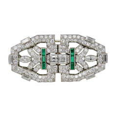 Double Clip Emerald Diamond Platinum Brooch 6