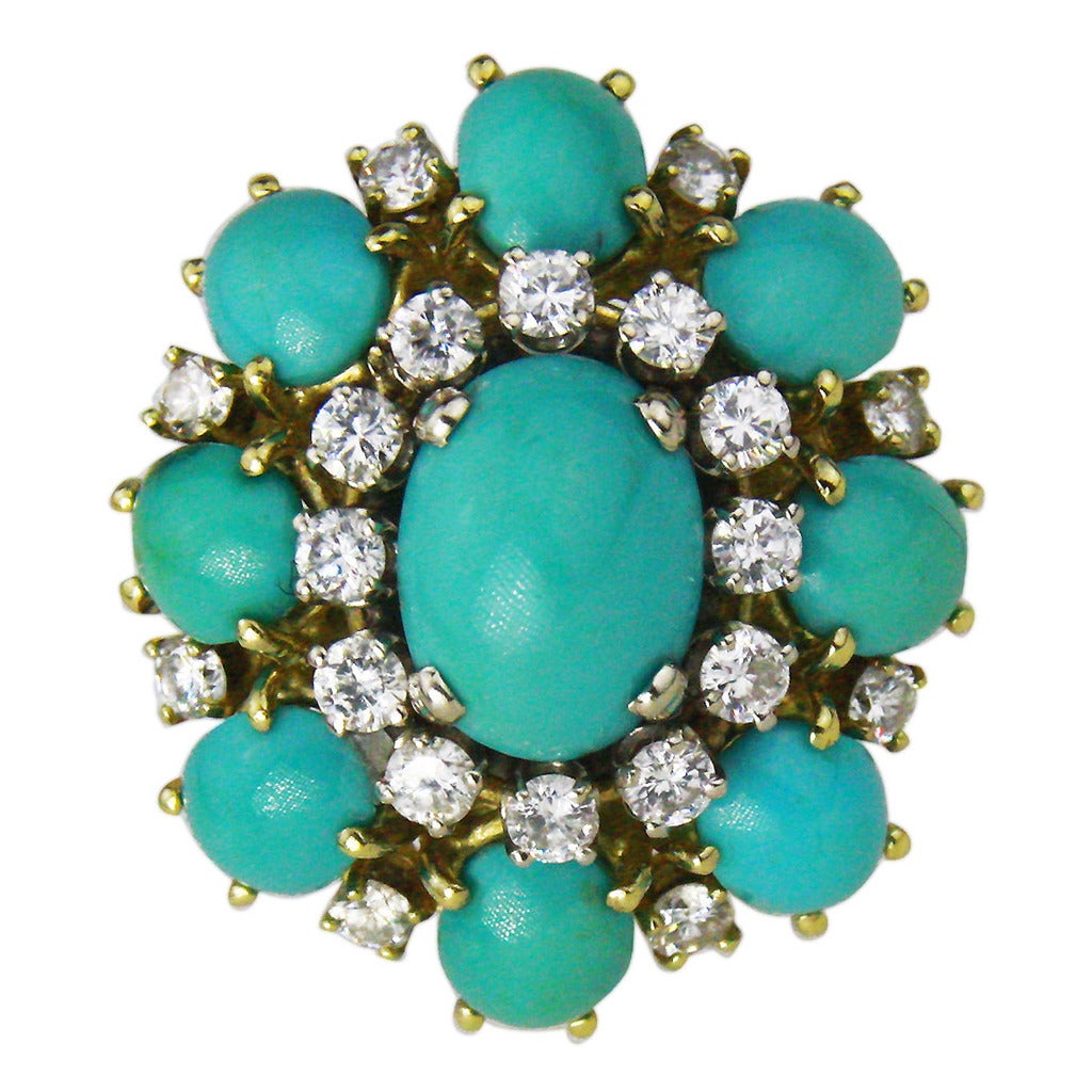 Turquoise Diamond Gold Cluster Ring