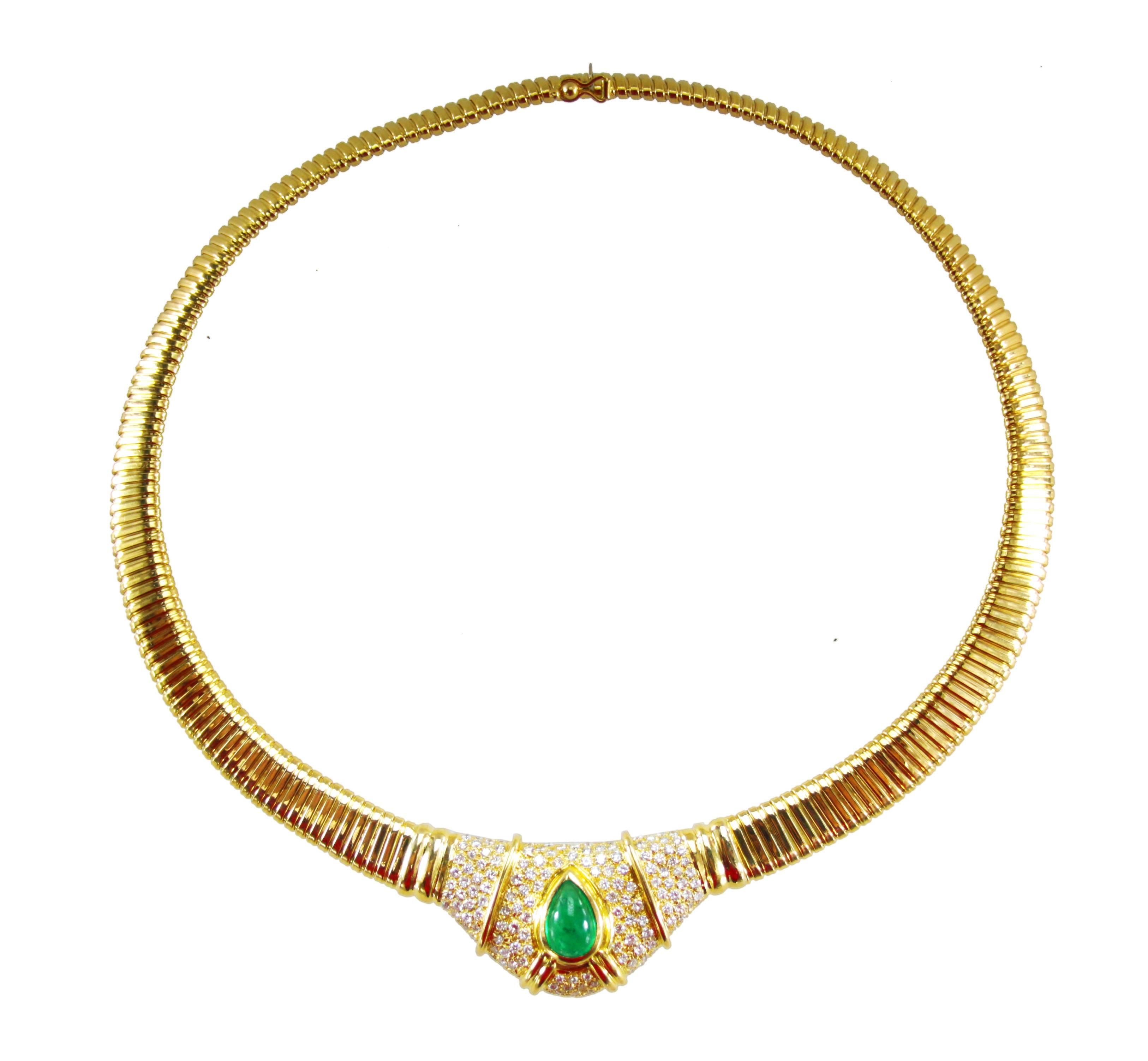 Women's 3 Carat Natural Cabochon Drop Emerald Diamond Gold Tubogas Necklace