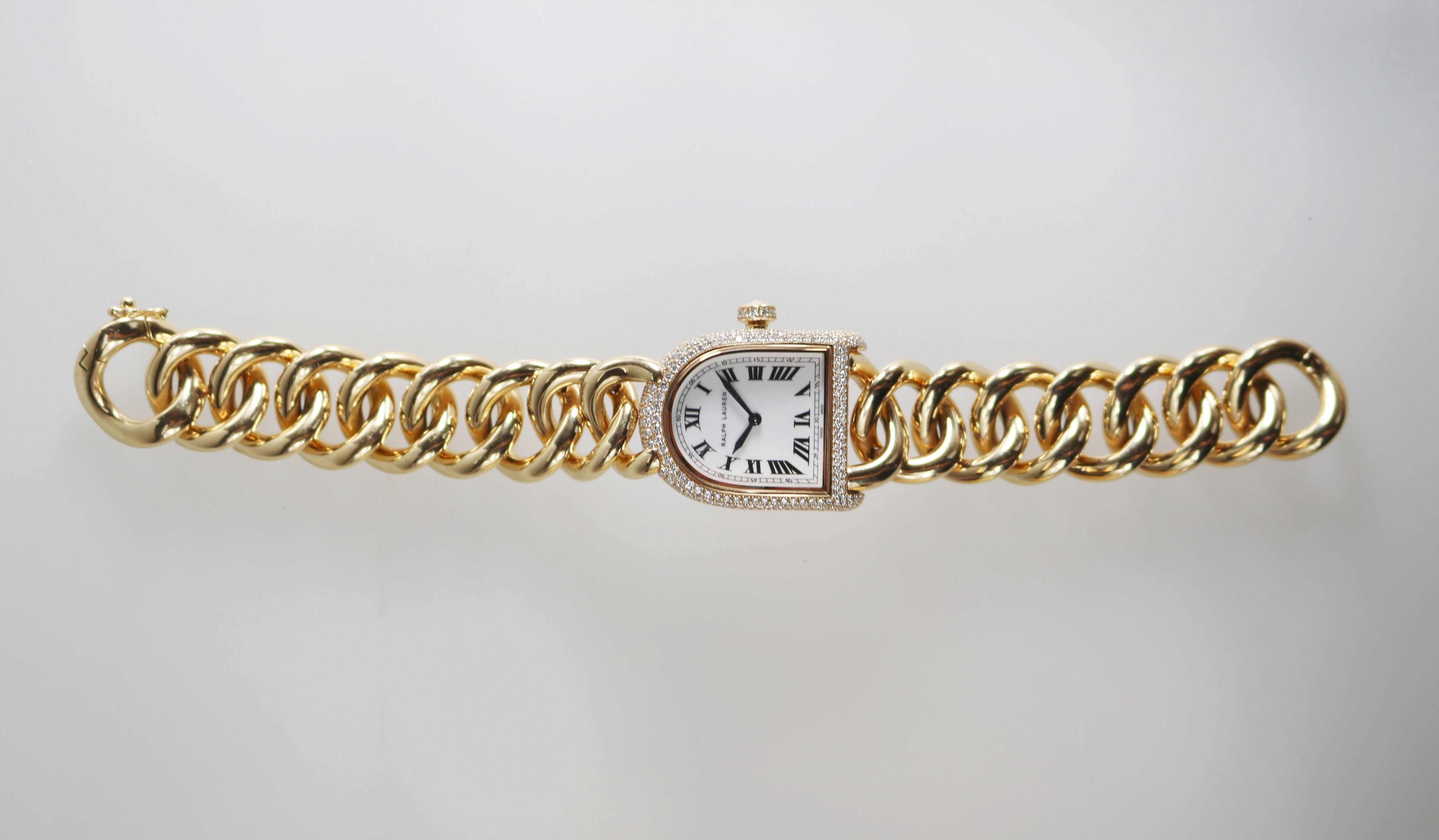 Ralph Lauren rose gold watch with 307 pave set diamonds weighing 1.30 carats. Signature stirrup-shaped case (23.3mm x 27mm) on a interlocking chain bracelet.  Length 6 1/4 inches. 

Current retail price is $42,000. 