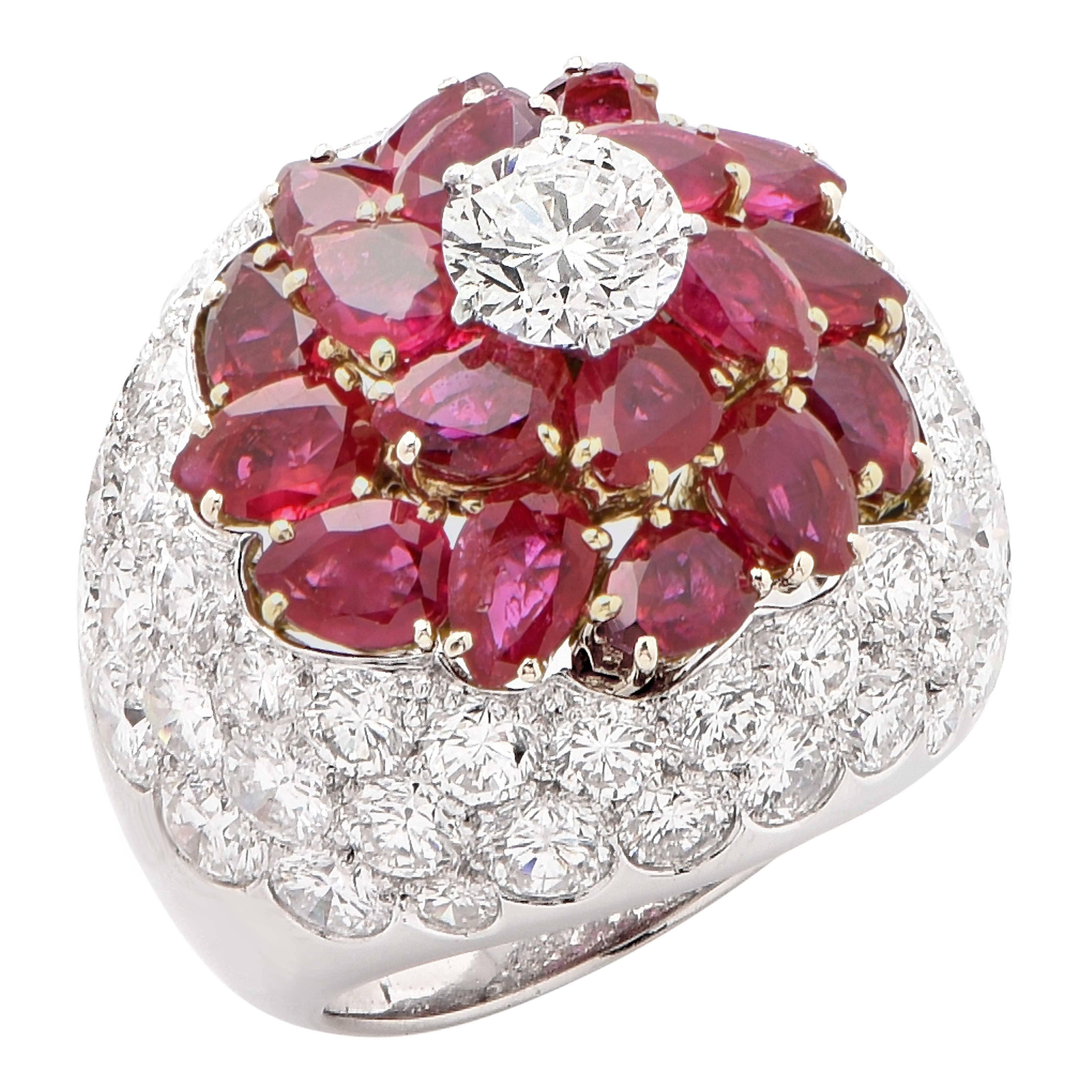 Burmese Ruby French Bombe Flowerhead and Diamond Platinum Ring For Sale