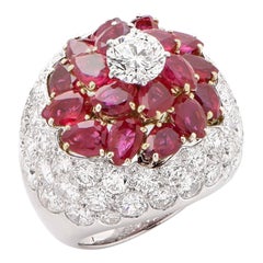 Burmese Ruby French Bombe Flowerhead and Diamond Platinum Ring