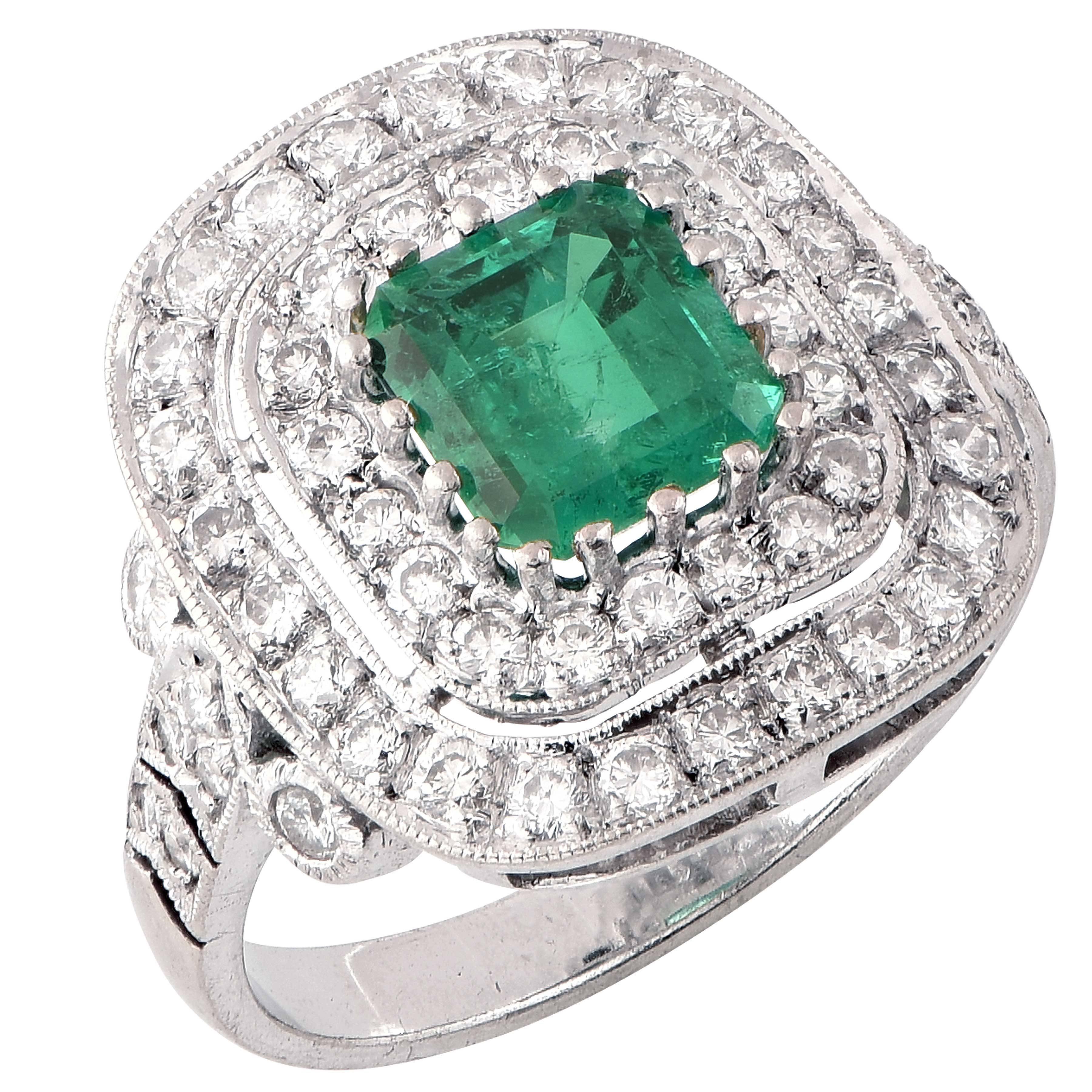 1.5 Carat Emerald and Diamond 18 Karat White Gold Ring